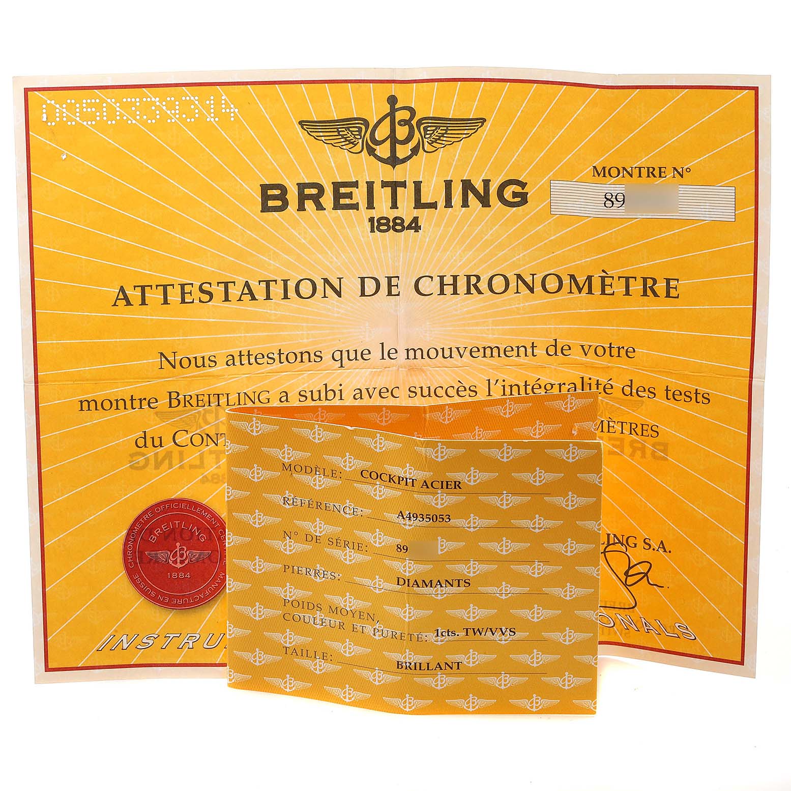 The image shows the certification papers for a Breitling Windrider A49350LA/A702-366A Men's Stainless Steel Mother of Pearl Dial A49350LA/A702-366A Men's Stainless Steel Mother of Pearl Dial model watch, including a certificate of authenticity and detailed specifications.