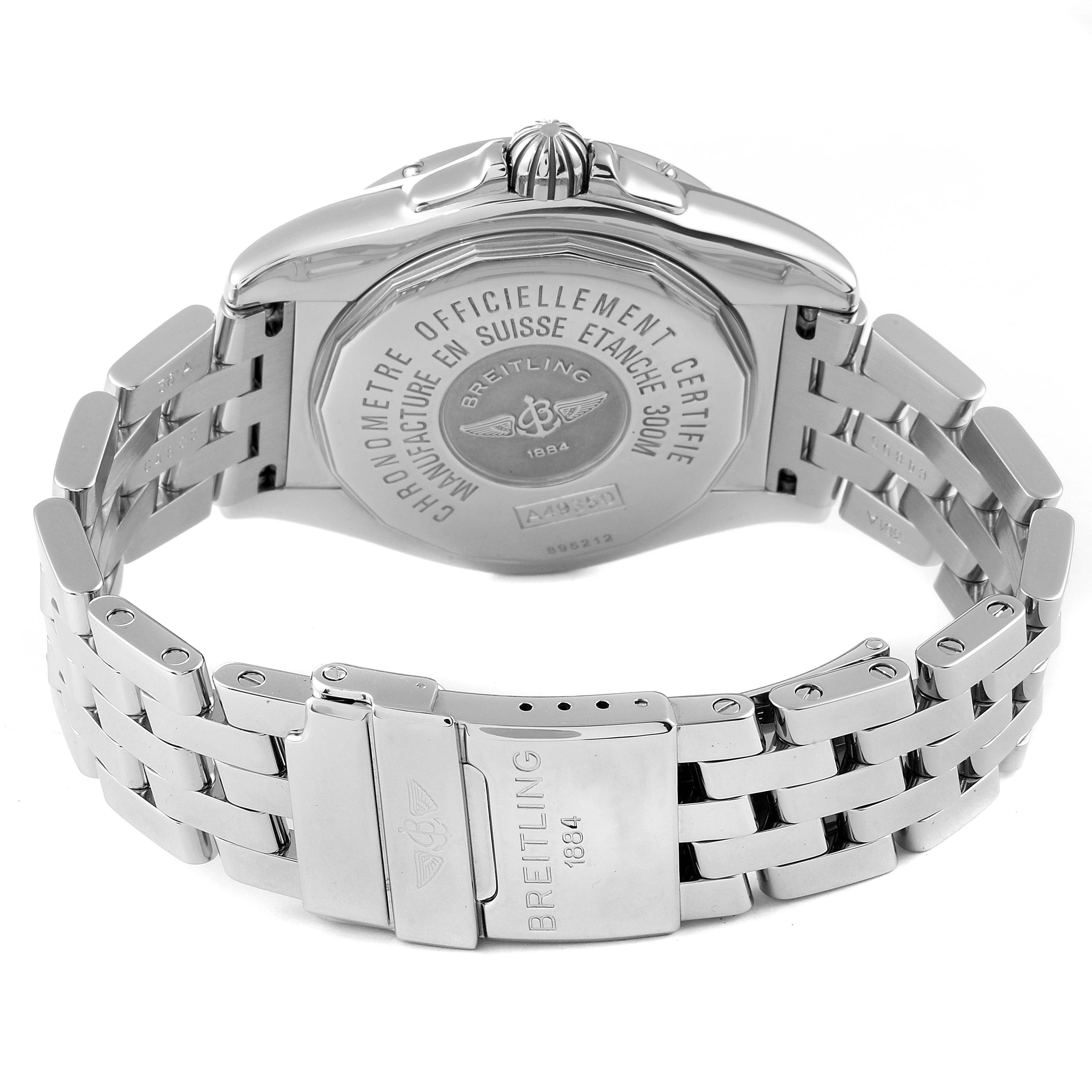 The image shows the back and bracelet of a Breitling Windrider A49350LA/A702-366A Men's Stainless Steel Mother of Pearl Dial A49350LA/A702-366A Men's Stainless Steel Mother of Pearl Dial watch, highlighting the stainless steel case and clasp.