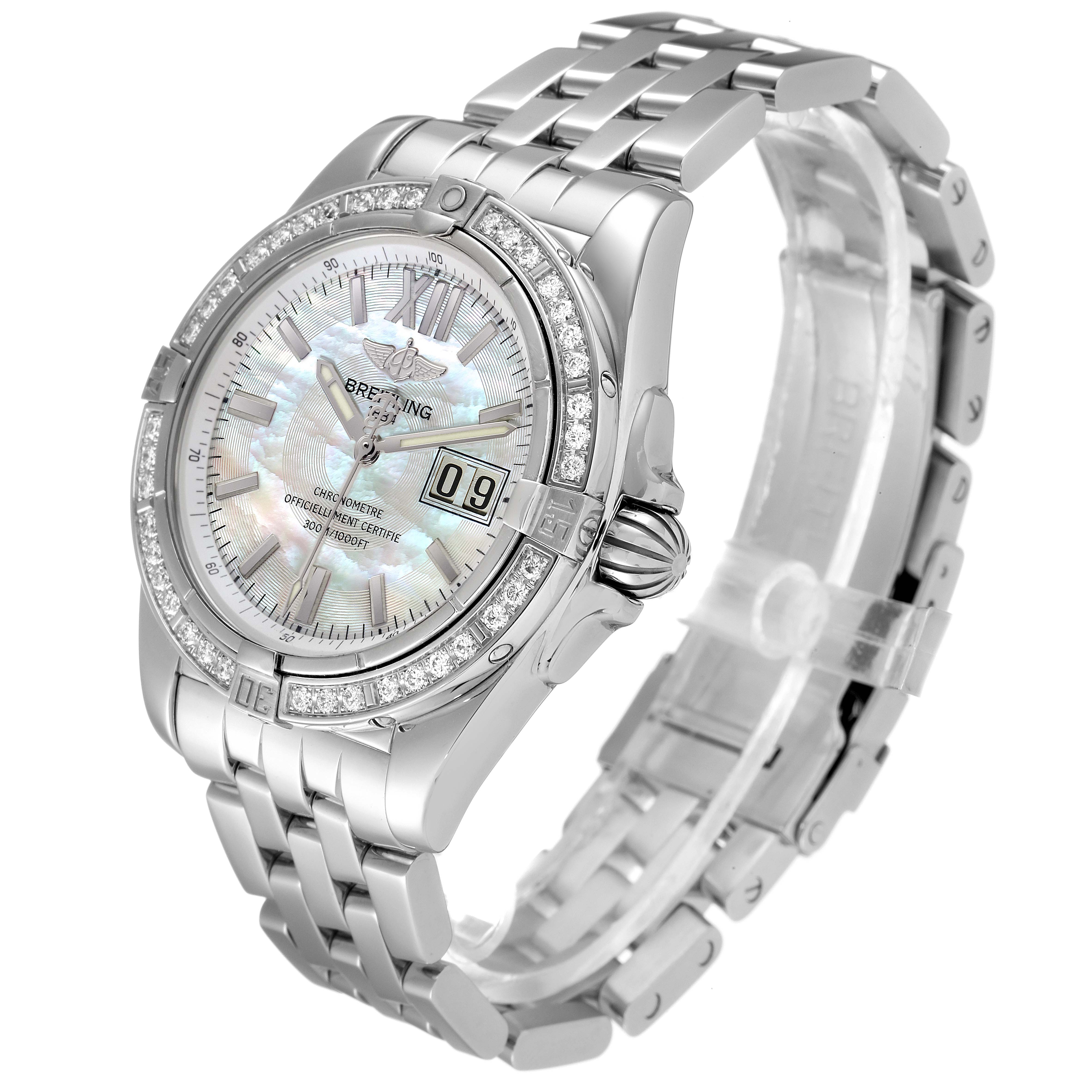 The image shows a Breitling Windrider A49350LA/A702-366A Men's Stainless Steel Mother of Pearl Dial A49350LA/A702-366A Men's Stainless Steel Mother of Pearl Dial watch from a left-front angle, highlighting the face, bezel, and bracelet.