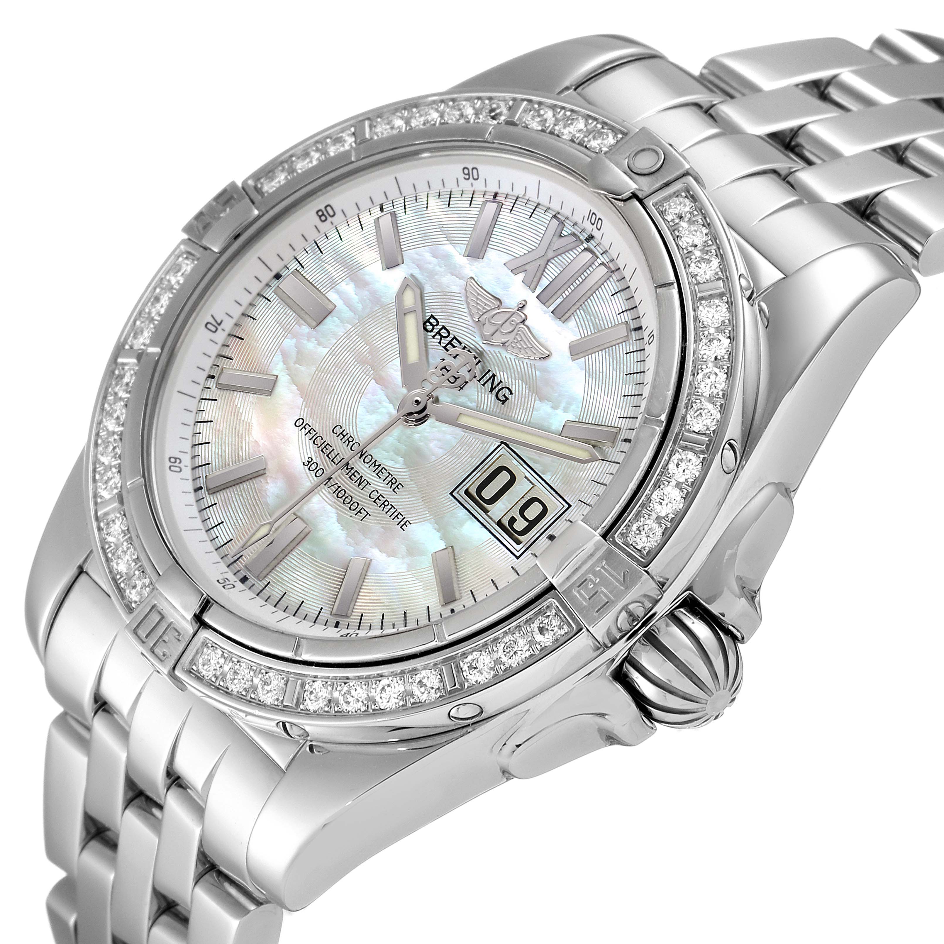 The Breitling Windrider A49350LA/A702-366A Men's Stainless Steel Mother of Pearl Dial A49350LA/A702-366A Men's Stainless Steel Mother of Pearl Dial watch is shown at an angle displaying the face, bezel, crown, and part of the metal bracelet.
