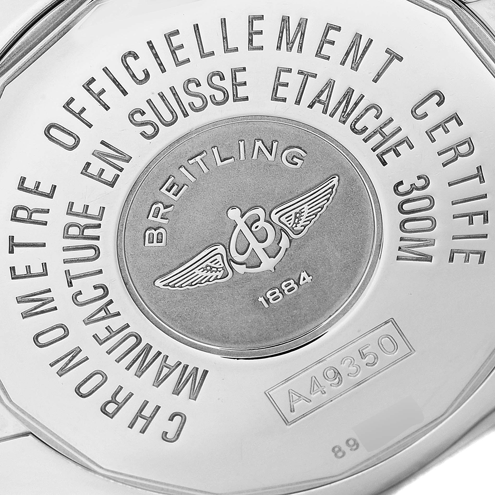 This image shows the back case of the Breitling Windrider A49350LA/A702-366A Men's Stainless Steel Mother of Pearl Dial A49350LA/A702-366A Men's Stainless Steel Mother of Pearl Dial watch, highlighting brand engravings and specifications.