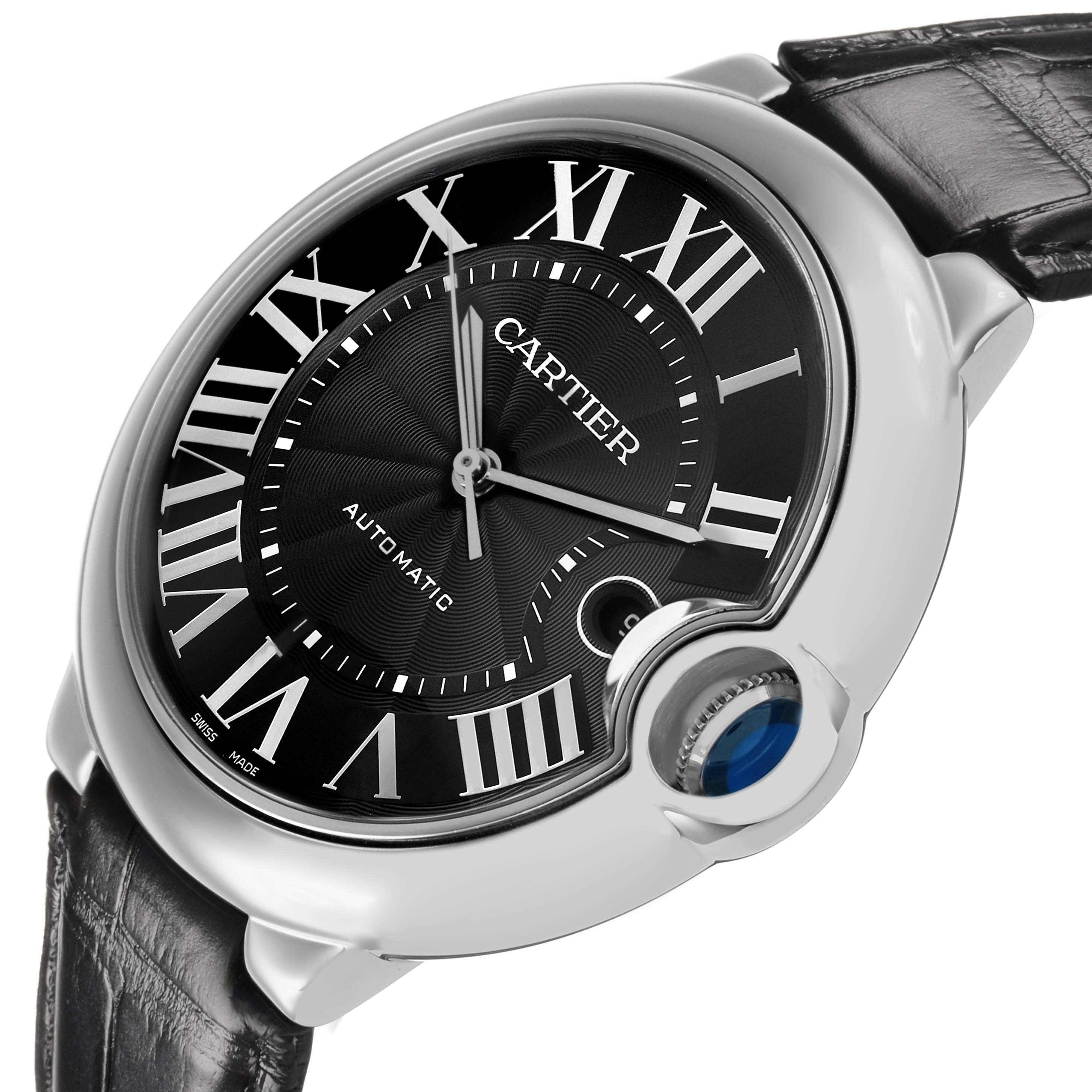The image shows a Cartier Ballon Bleu WSBB0025 Men's Stainless Steel Beige Dial watch from a slight side angle, highlighting its black dial, Roman numerals, and blue cabochon crown.