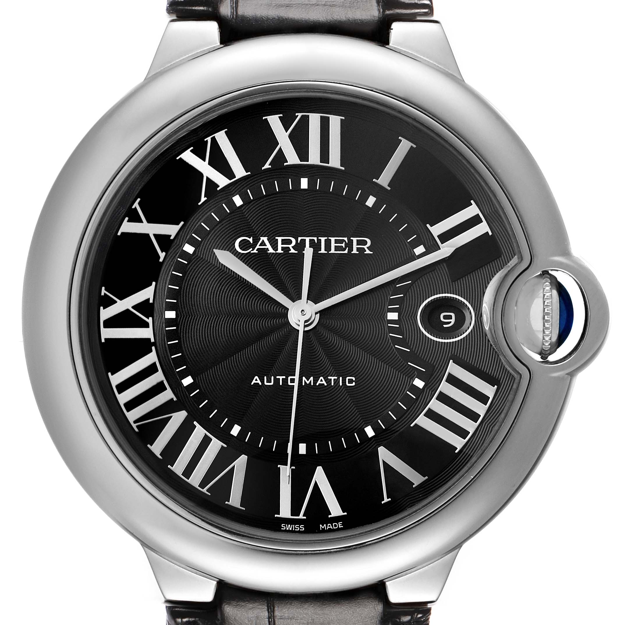 The image shows a front view of the Cartier Ballon Bleu WSBB0025 Men's Stainless Steel Beige Dial watch, highlighting the face, Roman numerals, and the distinctive crown.