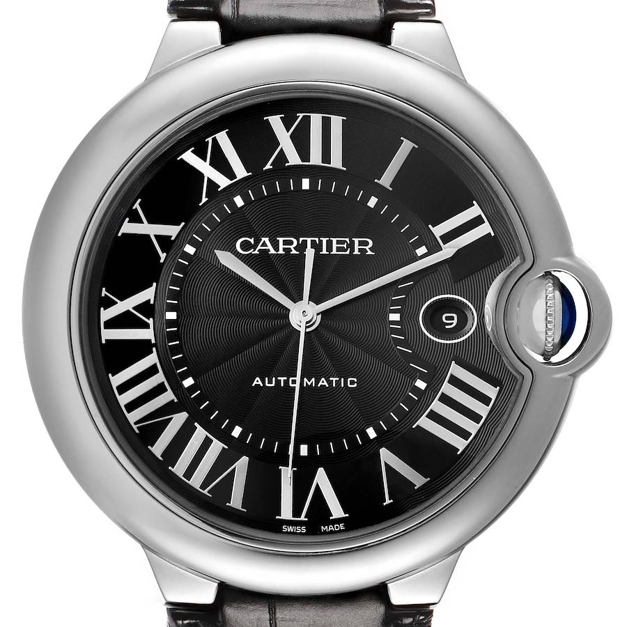 The image shows a front view of the Cartier Ballon Bleu WSBB0025 Men's Stainless Steel Beige Dial watch, highlighting the face, Roman numerals, and the distinctive crown.