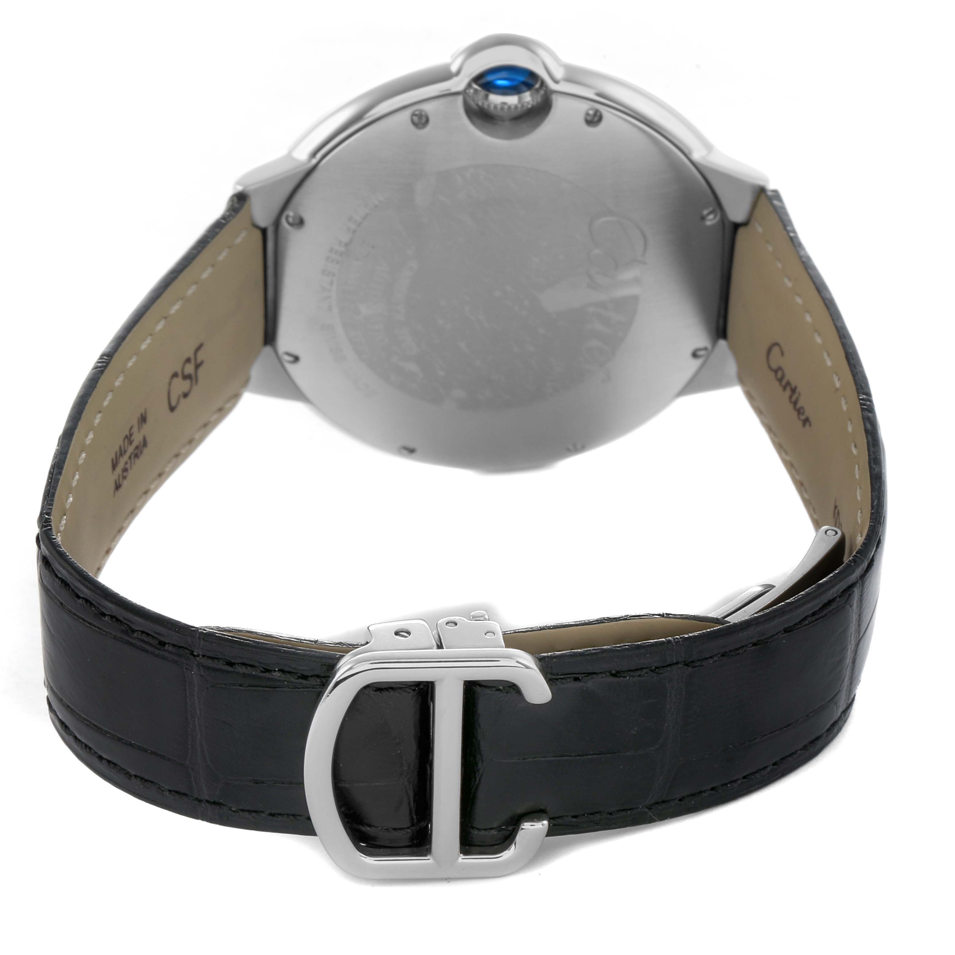 The image shows the back view of a Cartier Ballon Bleu WSBB0025 Men's Stainless Steel Beige Dial watch, highlighting the case back, crown, and leather strap with a deployment buckle.