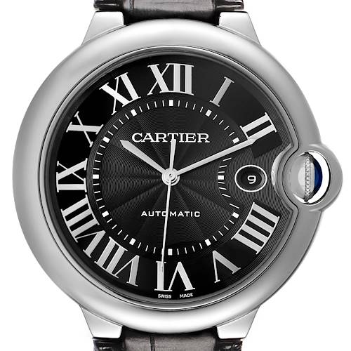 The Ballon Bleu by Cartier is shown from the front, highlighting the dial, Roman numerals, and crown with cabochon.