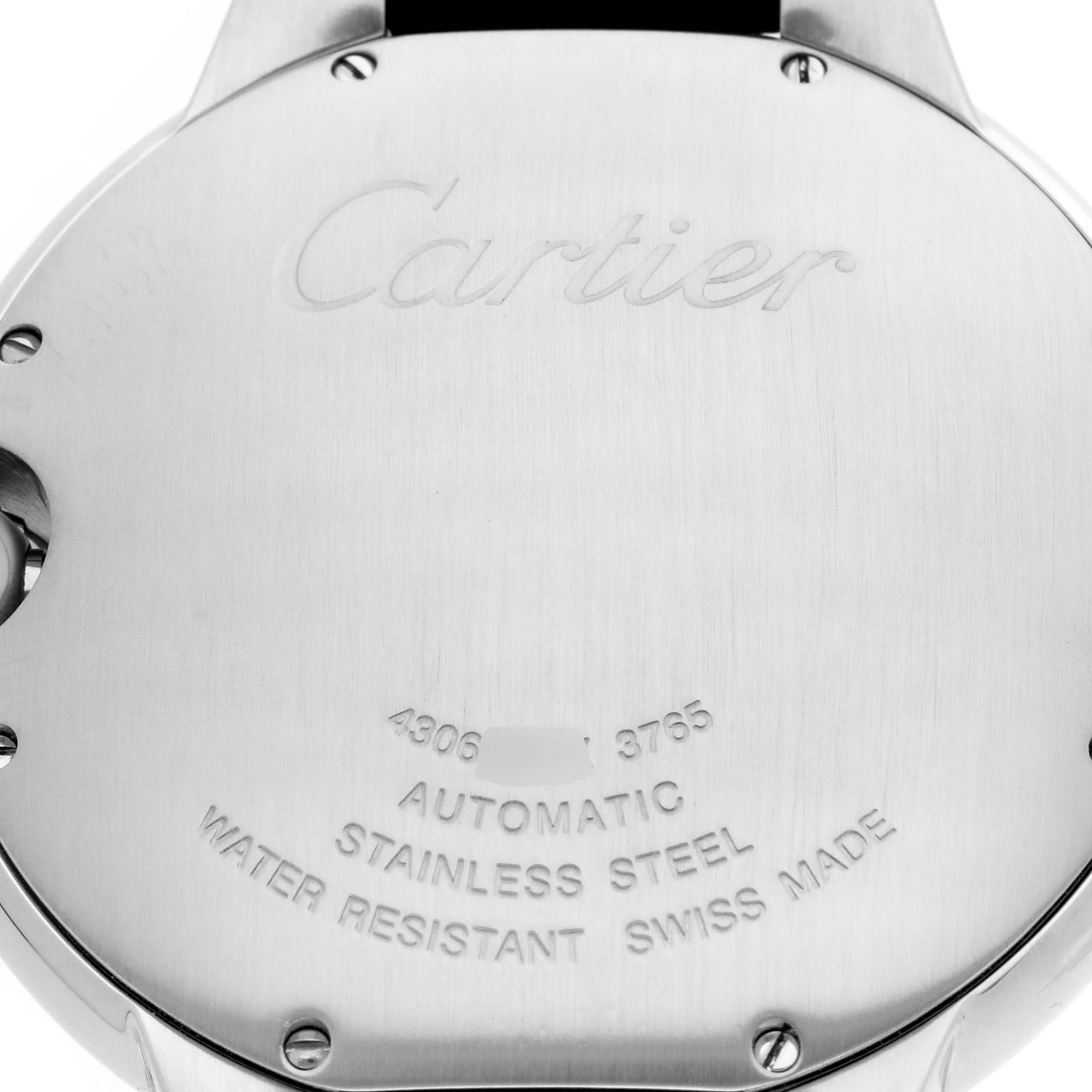 The image shows the back of a Cartier Ballon Bleu WSBB0025 Men's Stainless Steel Beige Dial watch, detailing its automatic movement, material, and water resistance.