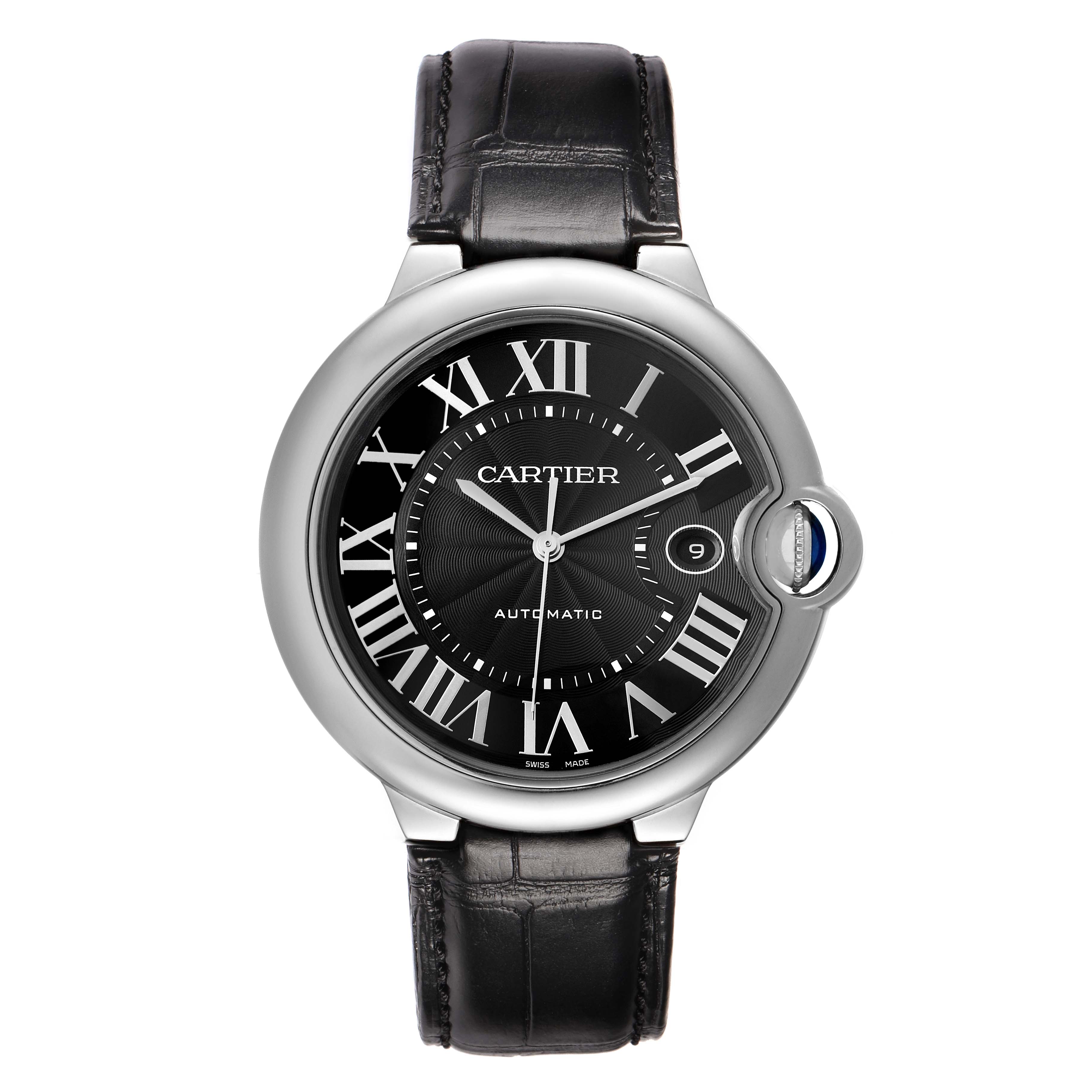The Cartier Ballon Bleu WSBB0025 Men's Stainless Steel Beige Dial watch is shown from the front, highlighting the dial, Roman numerals, and black leather strap.