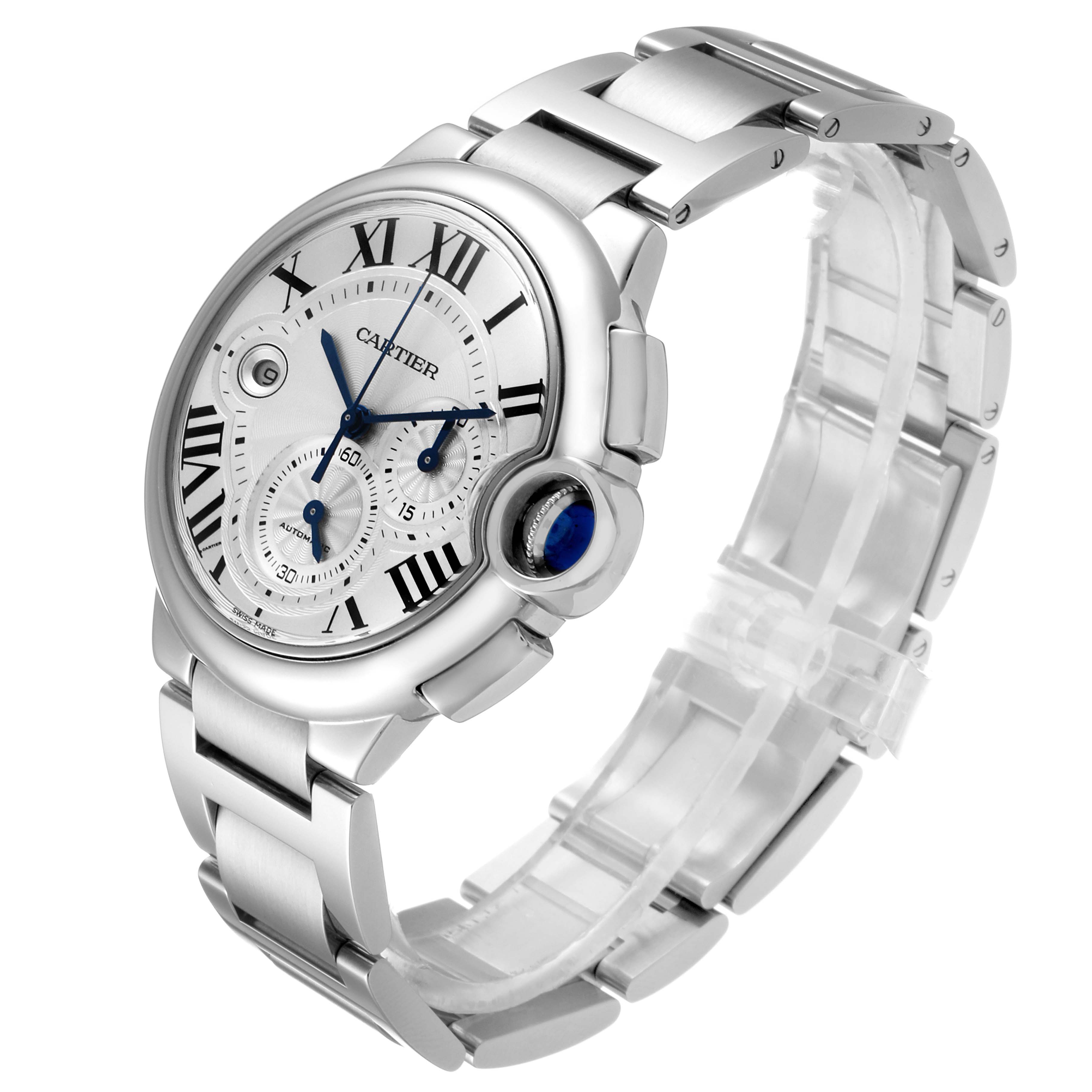 The image shows a Ballon Bleu by Cartier watch at an angled view highlighting the face, bracelet, and crown.