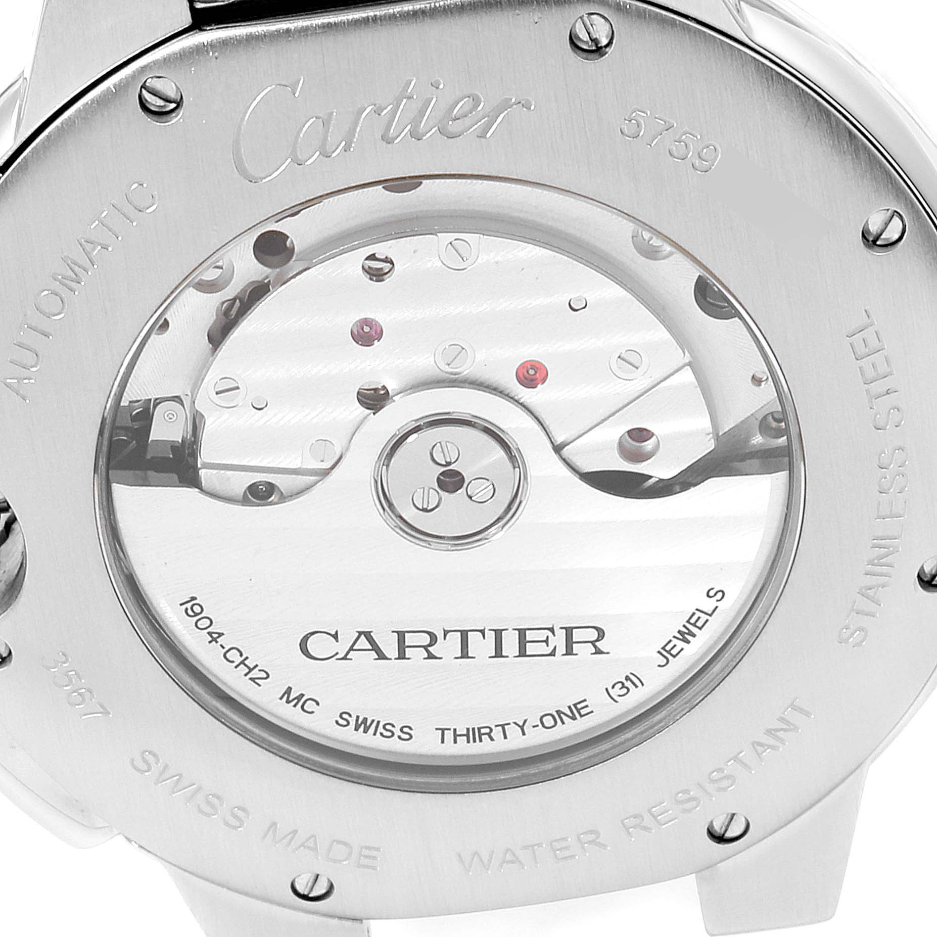 This image shows the back of a Cartier Ballon Bleu W6920076 Men's Stainless Steel Silver Dial W6920076 Men's Stainless Steel Silver Dial watch, featuring the automatic movement and inscriptions.