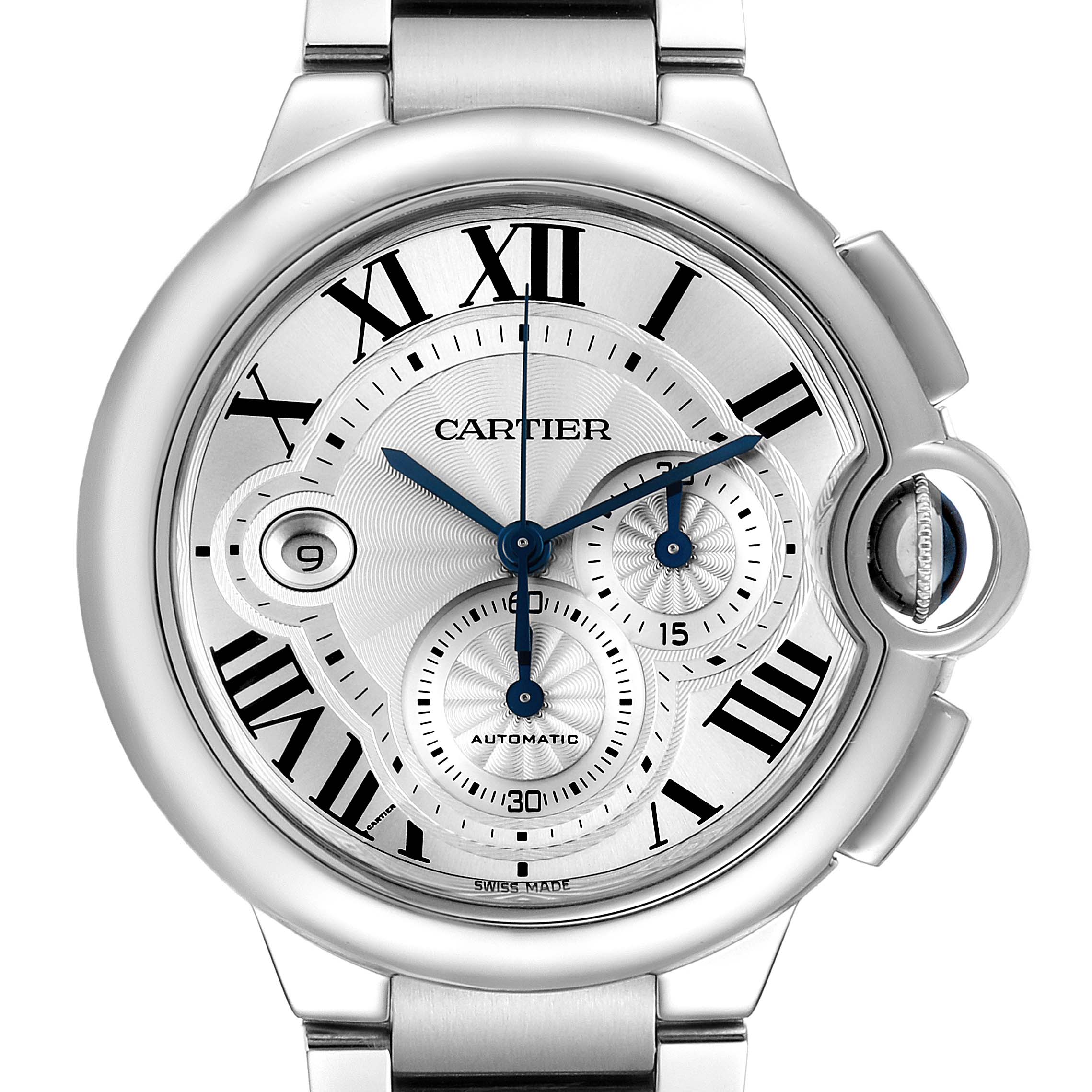 The image shows a front view of the Cartier Ballon Bleu W6920076 Men's Stainless Steel Silver Dial W6920076 Men's Stainless Steel Silver Dial watch, highlighting its dial, Roman numerals, and blue hands.