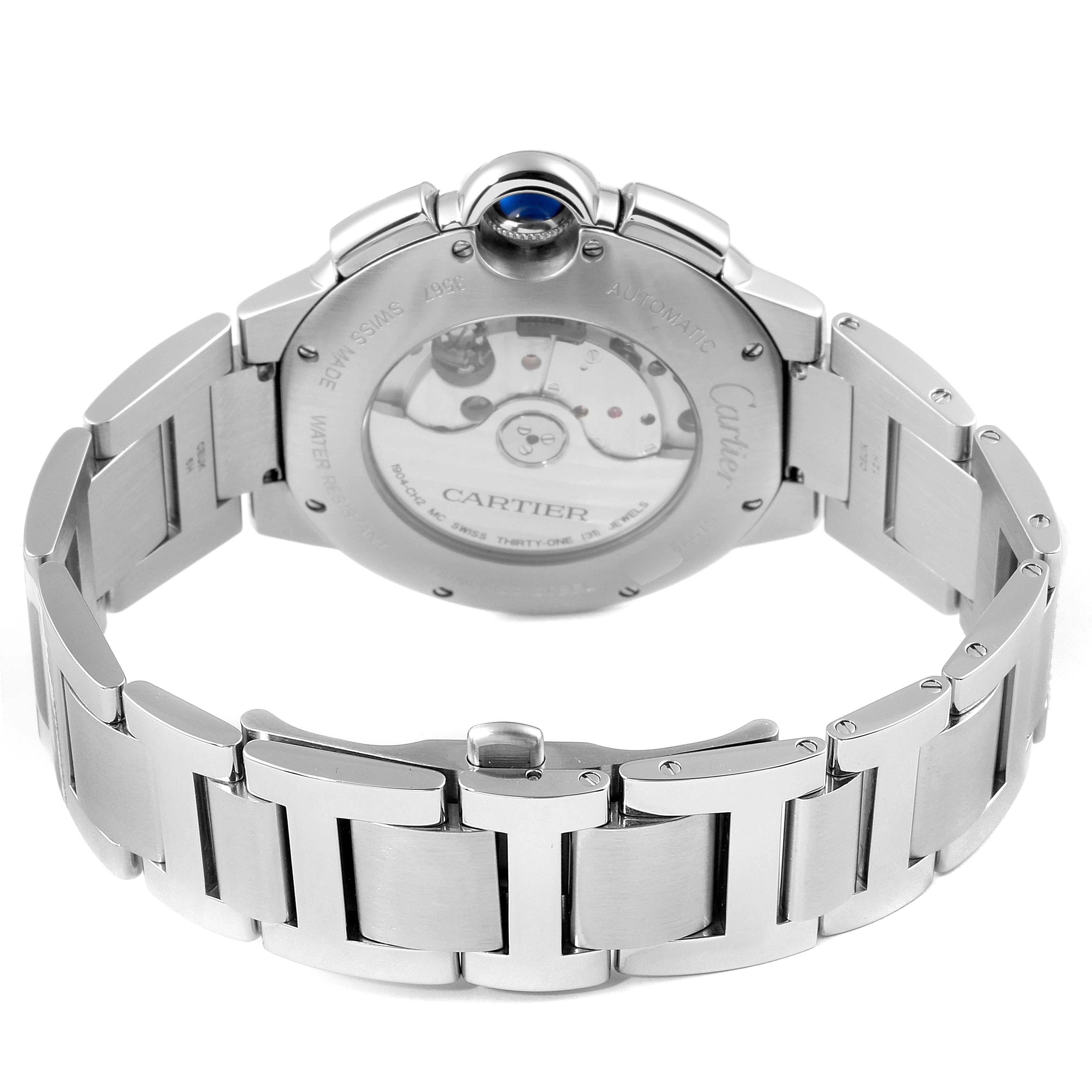 The image shows the back and bracelet of a Cartier Ballon Bleu W6920076 Men's Stainless Steel Silver Dial W6920076 Men's Stainless Steel Silver Dial watch, highlighting the automatic movement and sapphire crown.