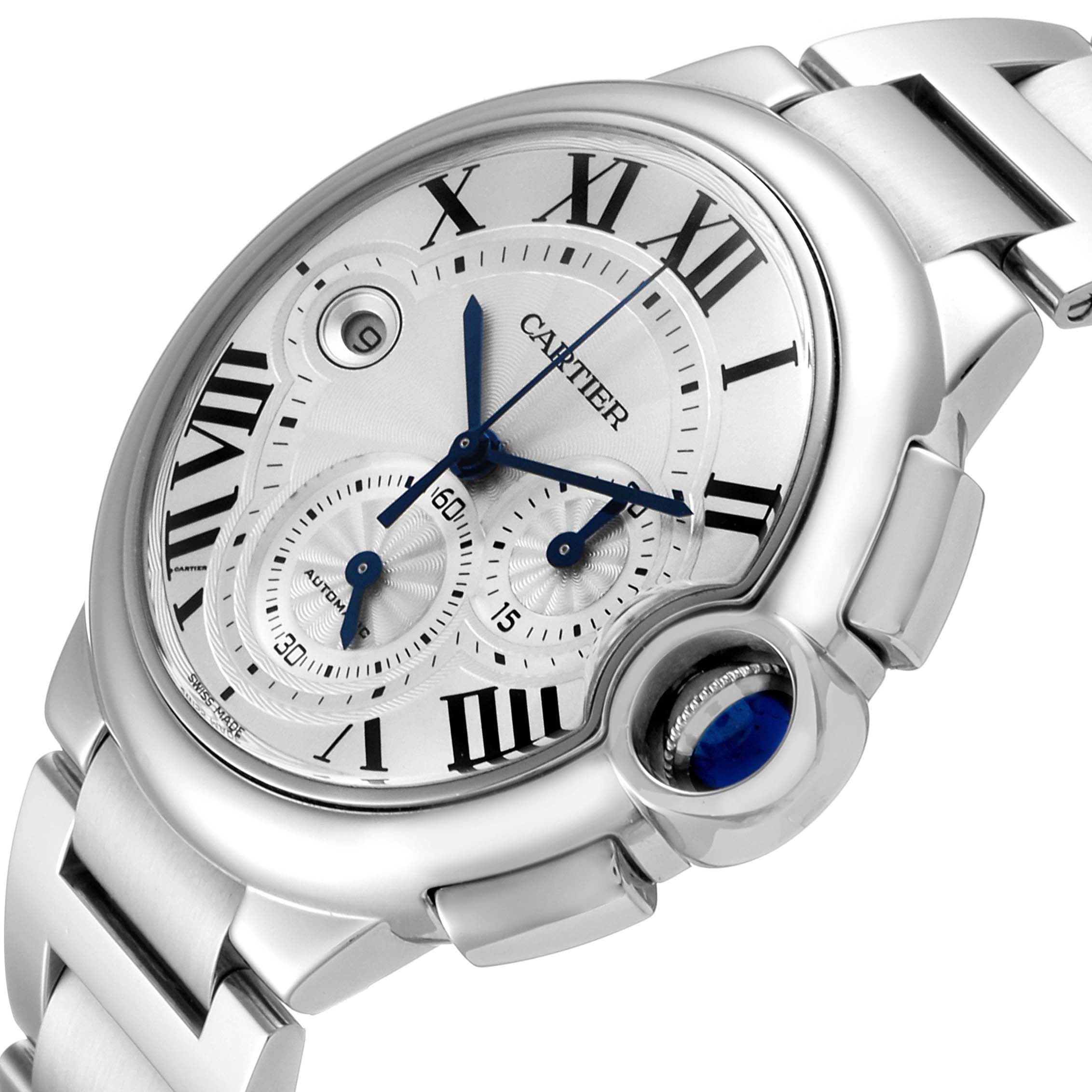 The image shows a close-up angle of the dial, crown, and part of the bracelet of a Cartier Ballon Bleu W6920076 Men's Stainless Steel Silver Dial W6920076 Men's Stainless Steel Silver Dial watch.