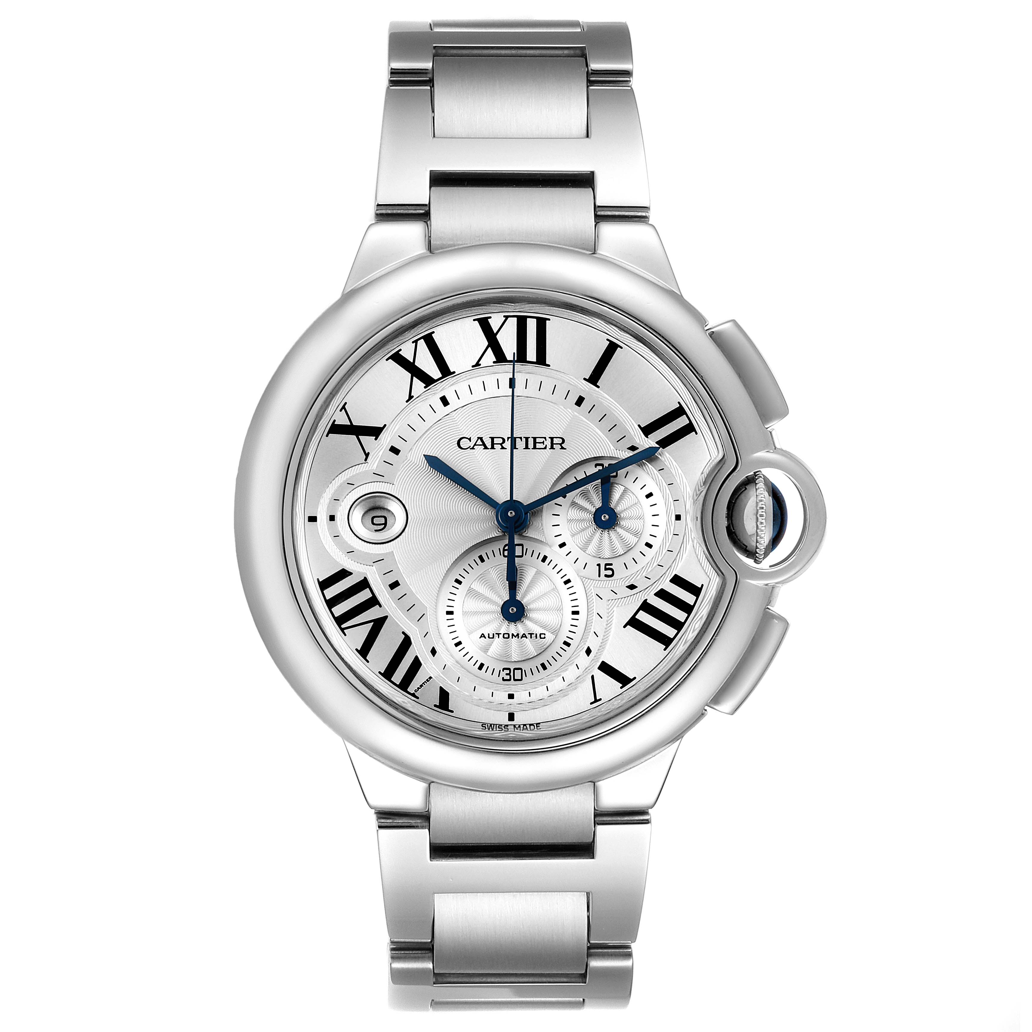 The image shows a front view of a Ballon Bleu de Cartier watch, highlighting the dial, crown, and metal bracelet.