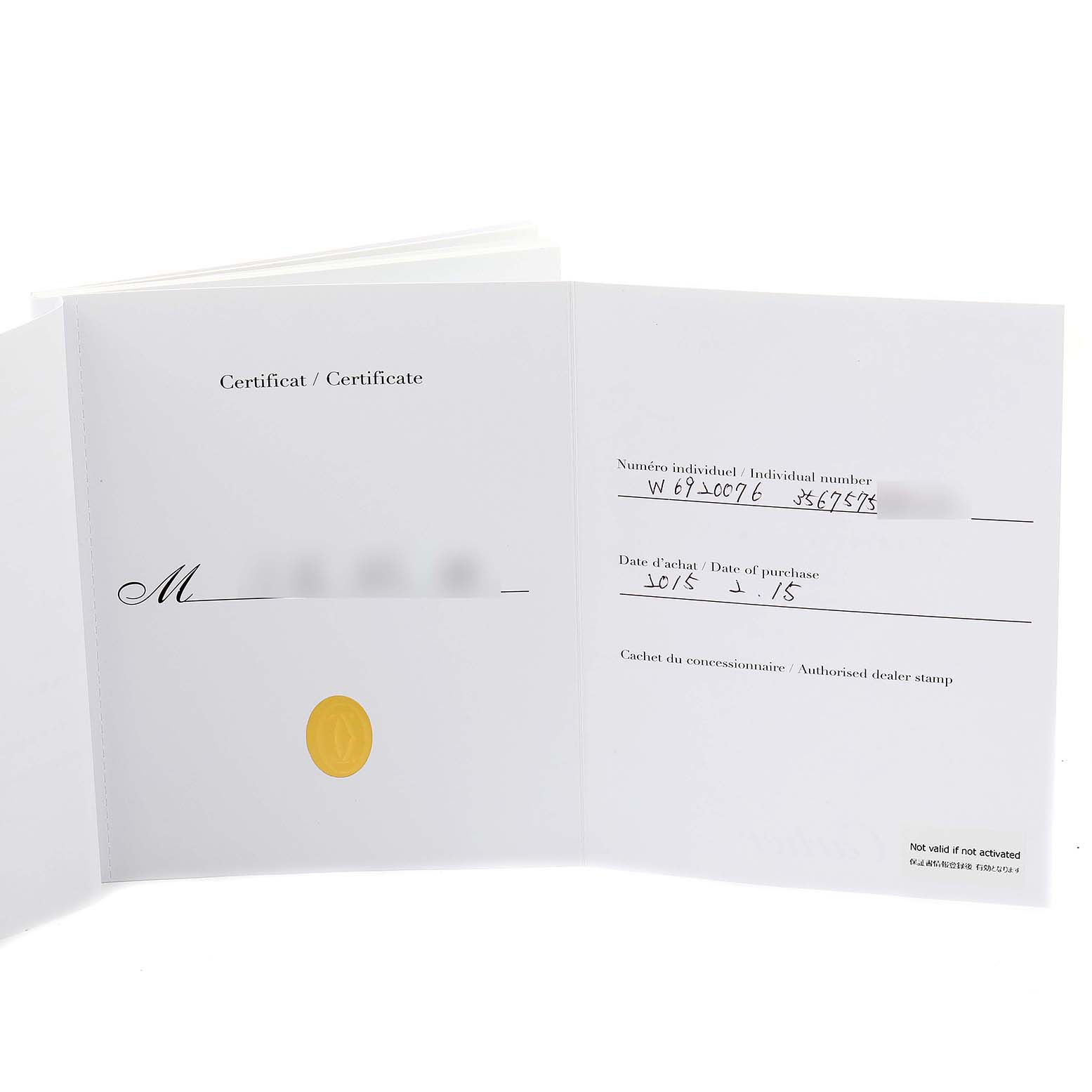 This is an open certificate booklet for the Ballon Bleu model by Cartier, showing the inside details and dealer stamp section.