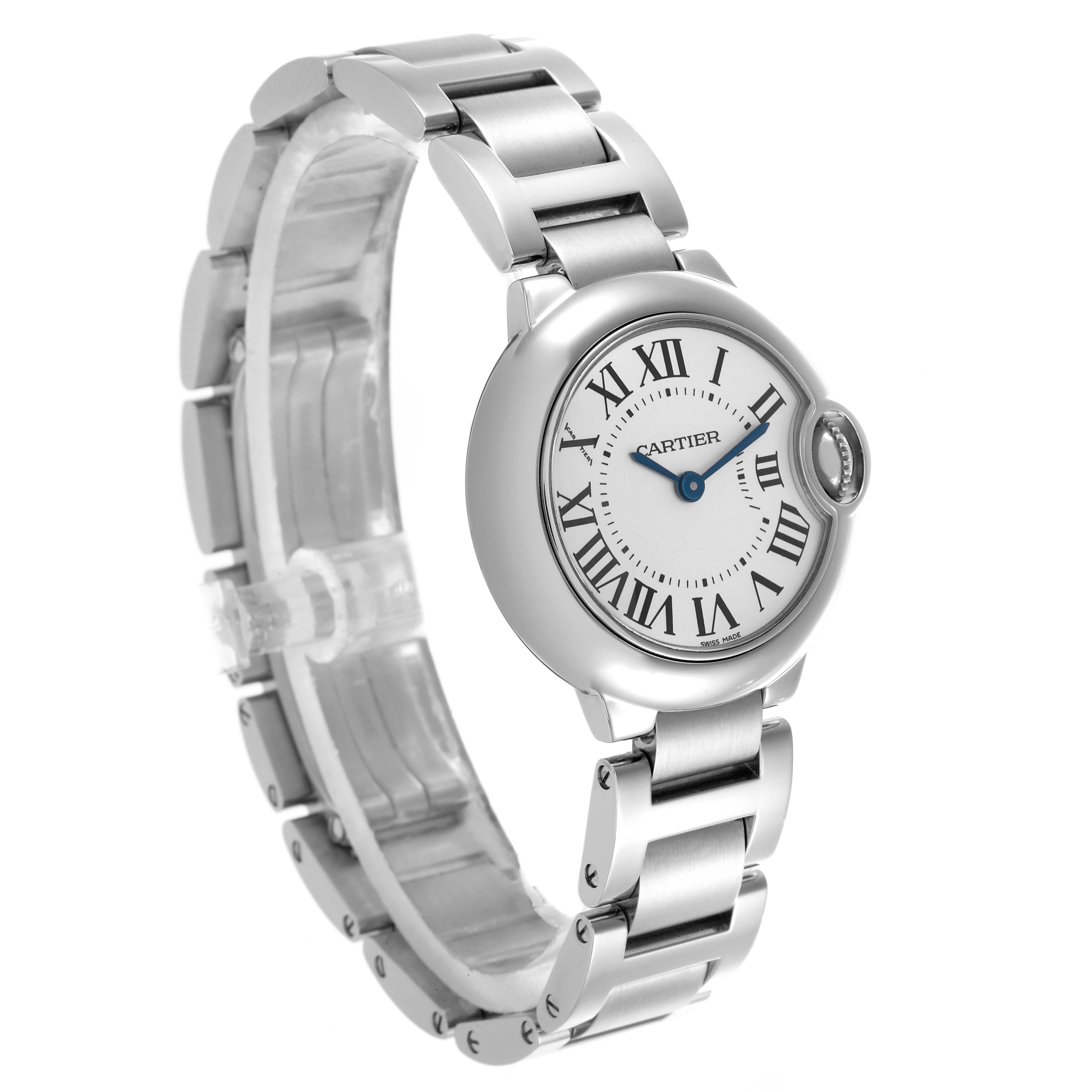 The Cartier Ballon Bleu W69010Z4 Women's Stainless Steel White Dial W69010Z4 Women's Stainless Steel White Dial watch is shown at a slanted angle, highlighting the face, crown, and stainless steel bracelet.