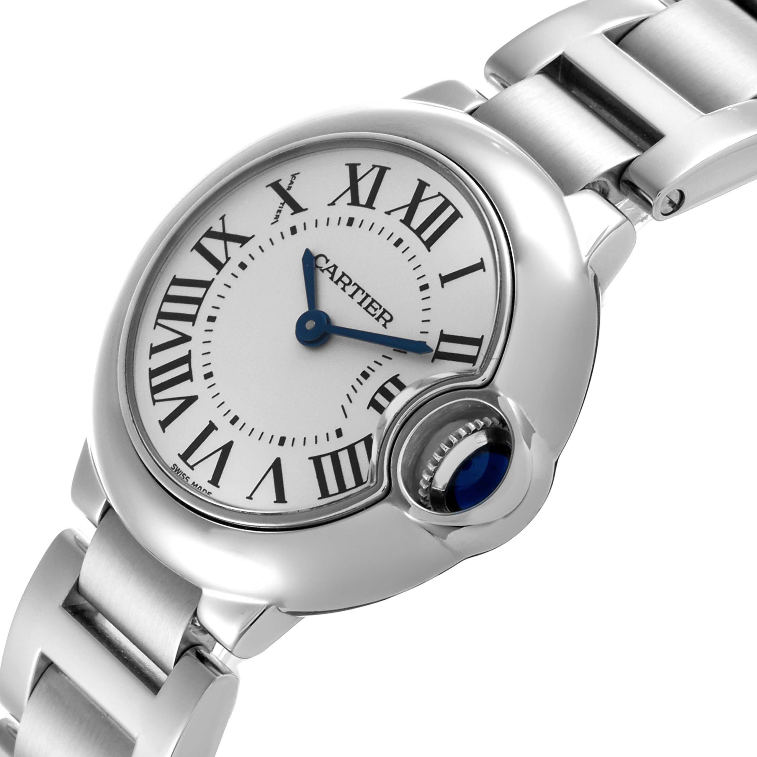 The Cartier Ballon Bleu W69010Z4 Women's Stainless Steel White Dial W69010Z4 Women's Stainless Steel White Dial watch is shown from an angled top view, displaying the face, roman numerals, and bracelet link.