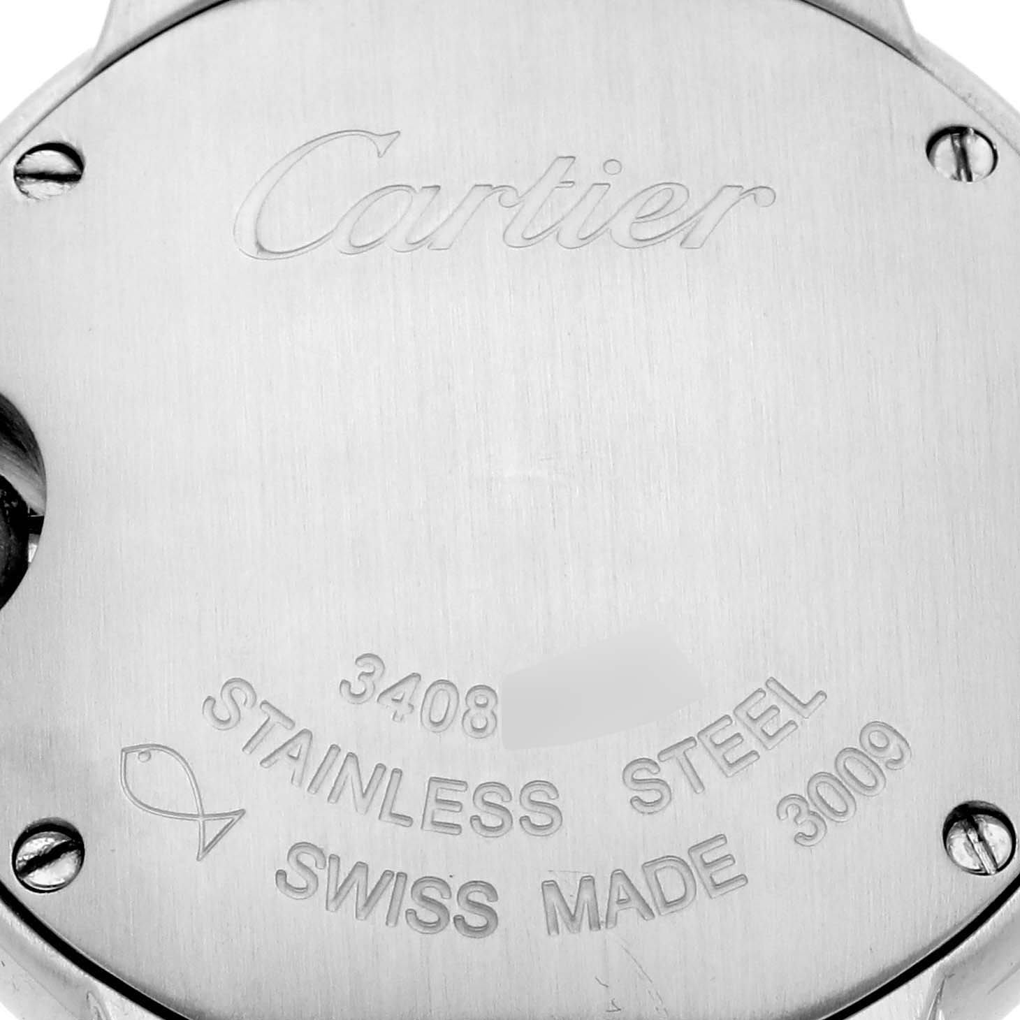 The image shows the back case of the Cartier Ballon Bleu W69010Z4 Women's Stainless Steel White Dial W69010Z4 Women's Stainless Steel White Dial watch, featuring branding and material details.