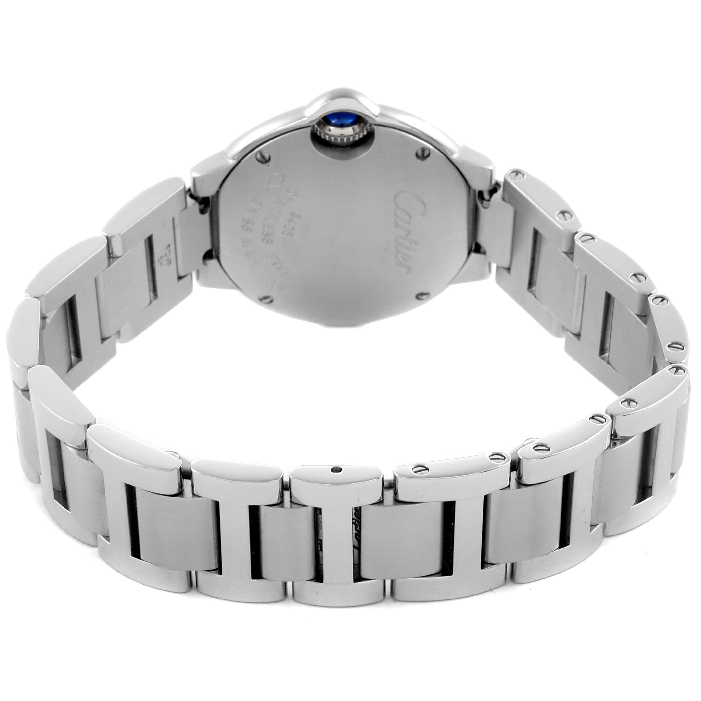 The Cartier Ballon Bleu W69010Z4 Women's Stainless Steel White Dial W69010Z4 Women's Stainless Steel White Dial watch is shown from the back, highlighting its stainless steel bracelet and case back.