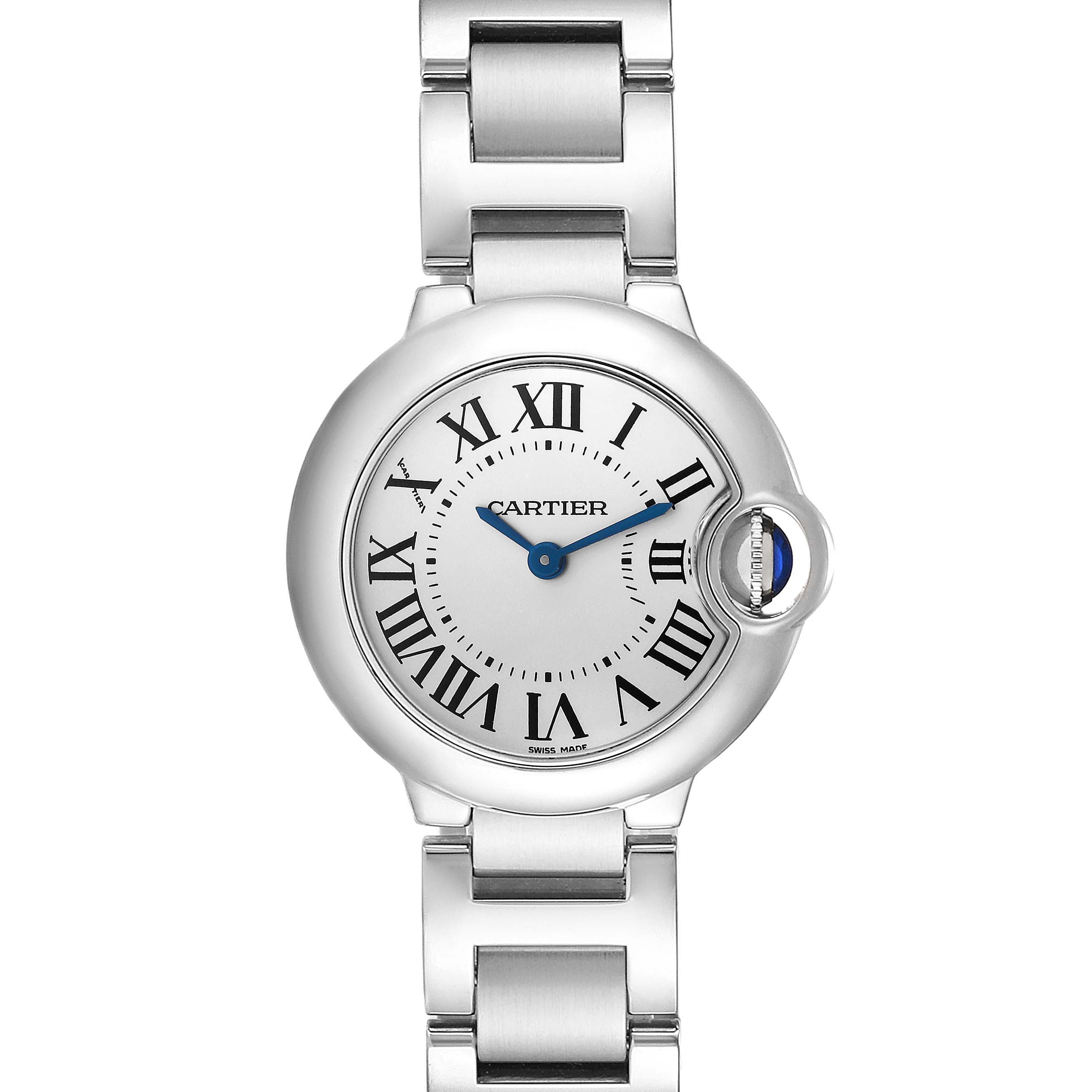 The Cartier Ballon Bleu W69010Z4 Women's Stainless Steel White Dial W69010Z4 Women's Stainless Steel White Dial watch is shown from the front, displaying the face, bracelet, and distinctive crown.