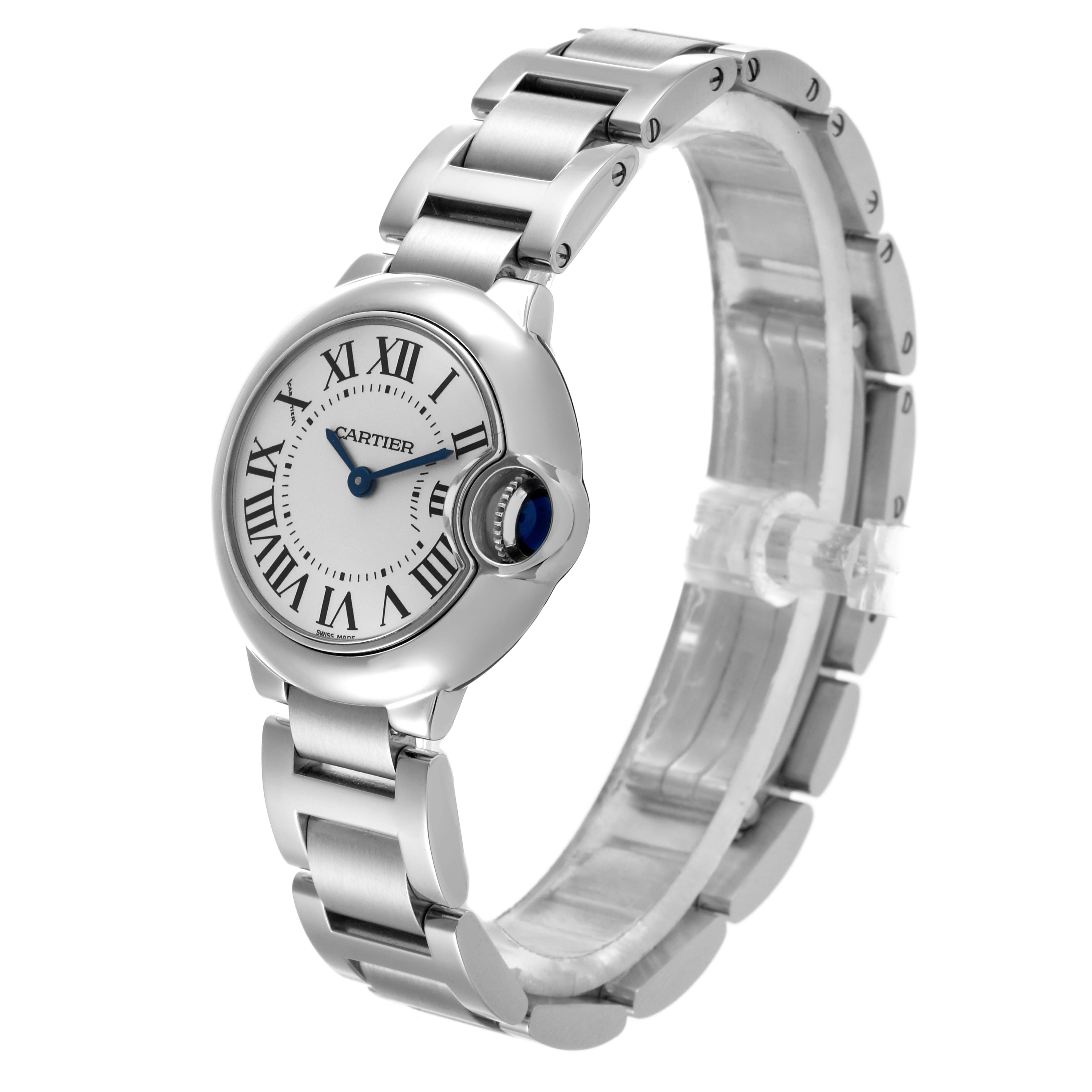 The Cartier Ballon Bleu W69010Z4 Women's Stainless Steel White Dial W69010Z4 Women's Stainless Steel White Dial watch is shown in a side angle, highlighting the dial, crown, and bracelet.