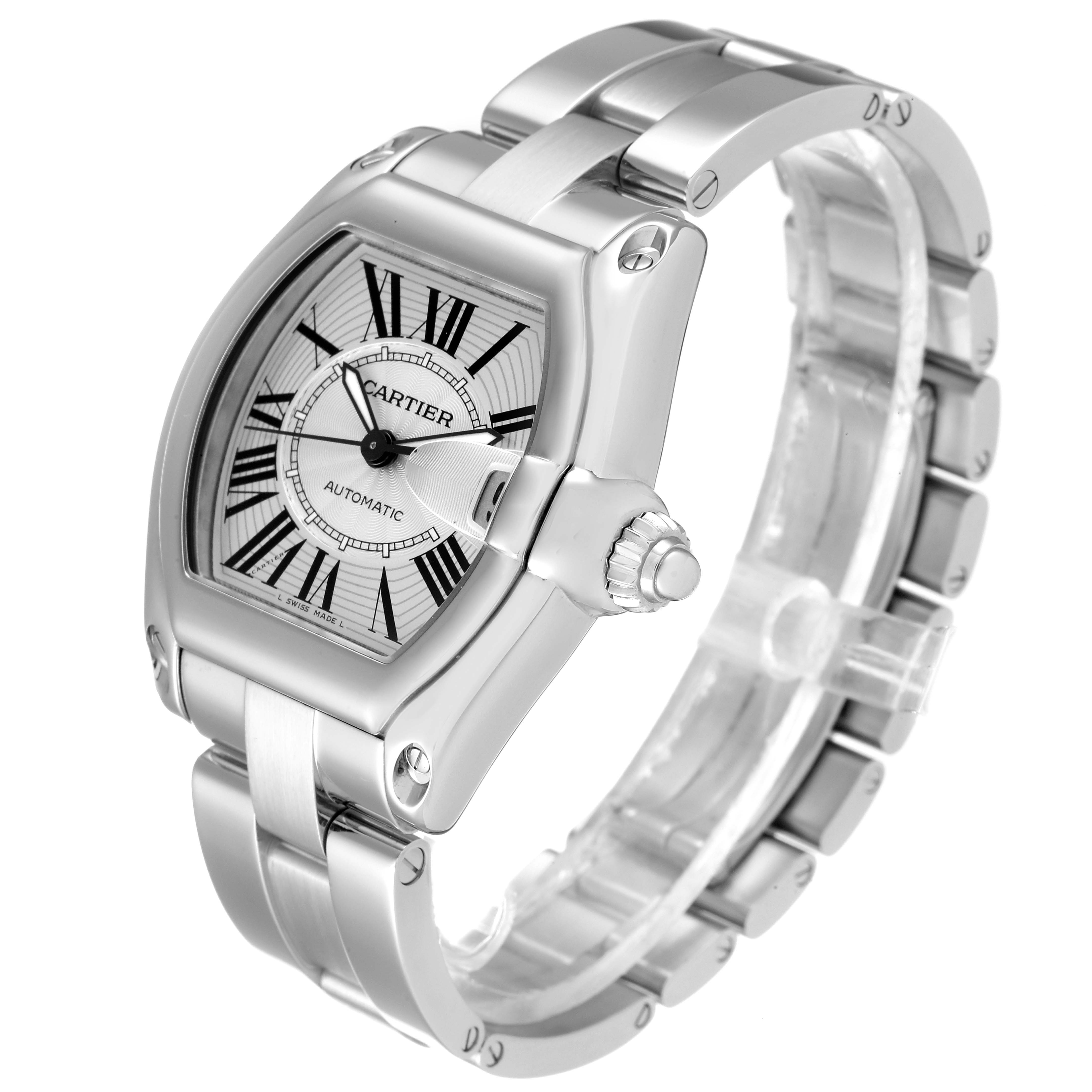 The image shows a Cartier Roadster W62025V3 Men's Stainless Steel Silver Dial W62025V3 Men's Stainless Steel Silver Dial watch, featuring the bracelet, crown, and dial at a three-quarter angle.