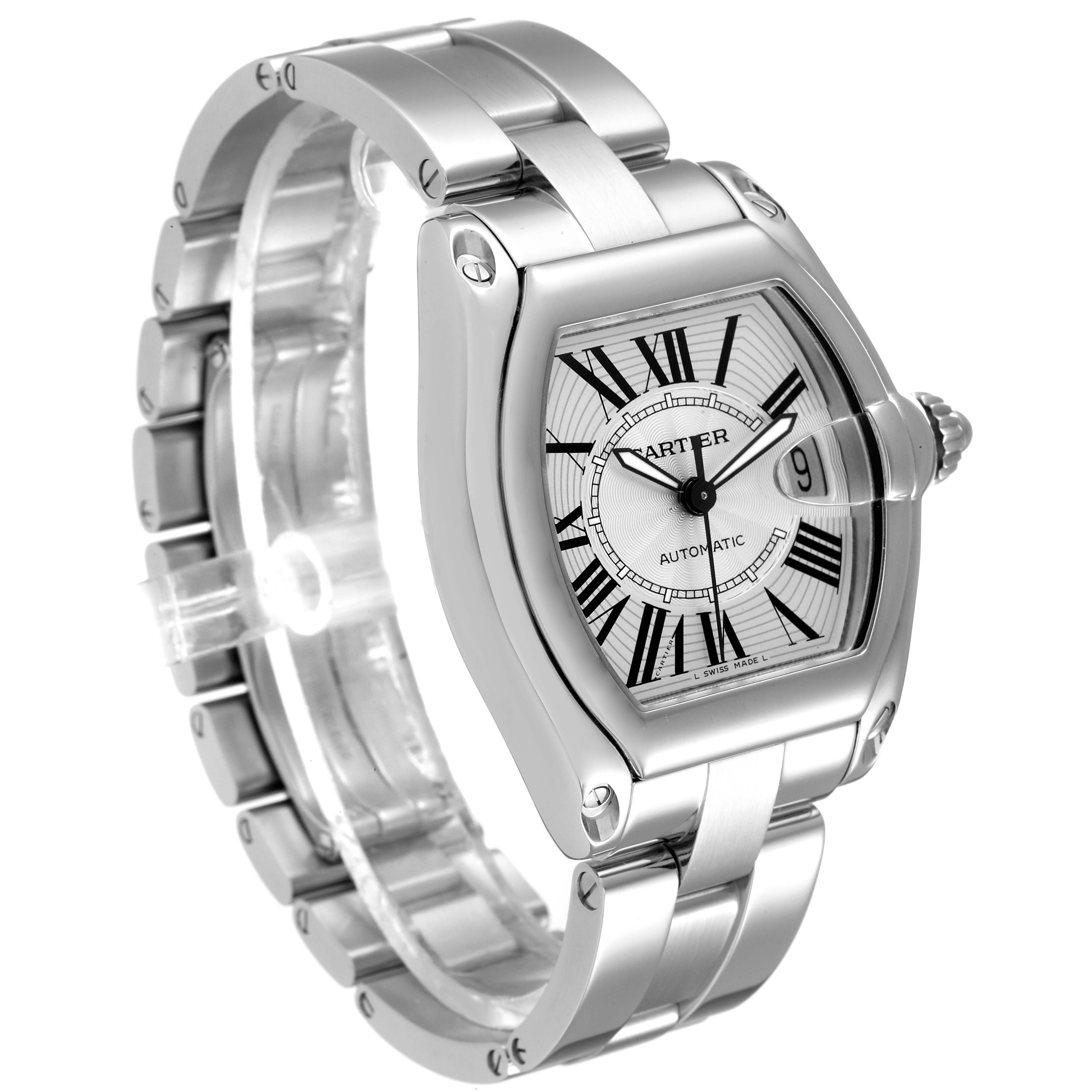 The image shows the Cartier Roadster W62025V3 Men's Stainless Steel Silver Dial W62025V3 Men's Stainless Steel Silver Dial watch at a front-side angle, highlighting its face, bezel, and metal bracelet.