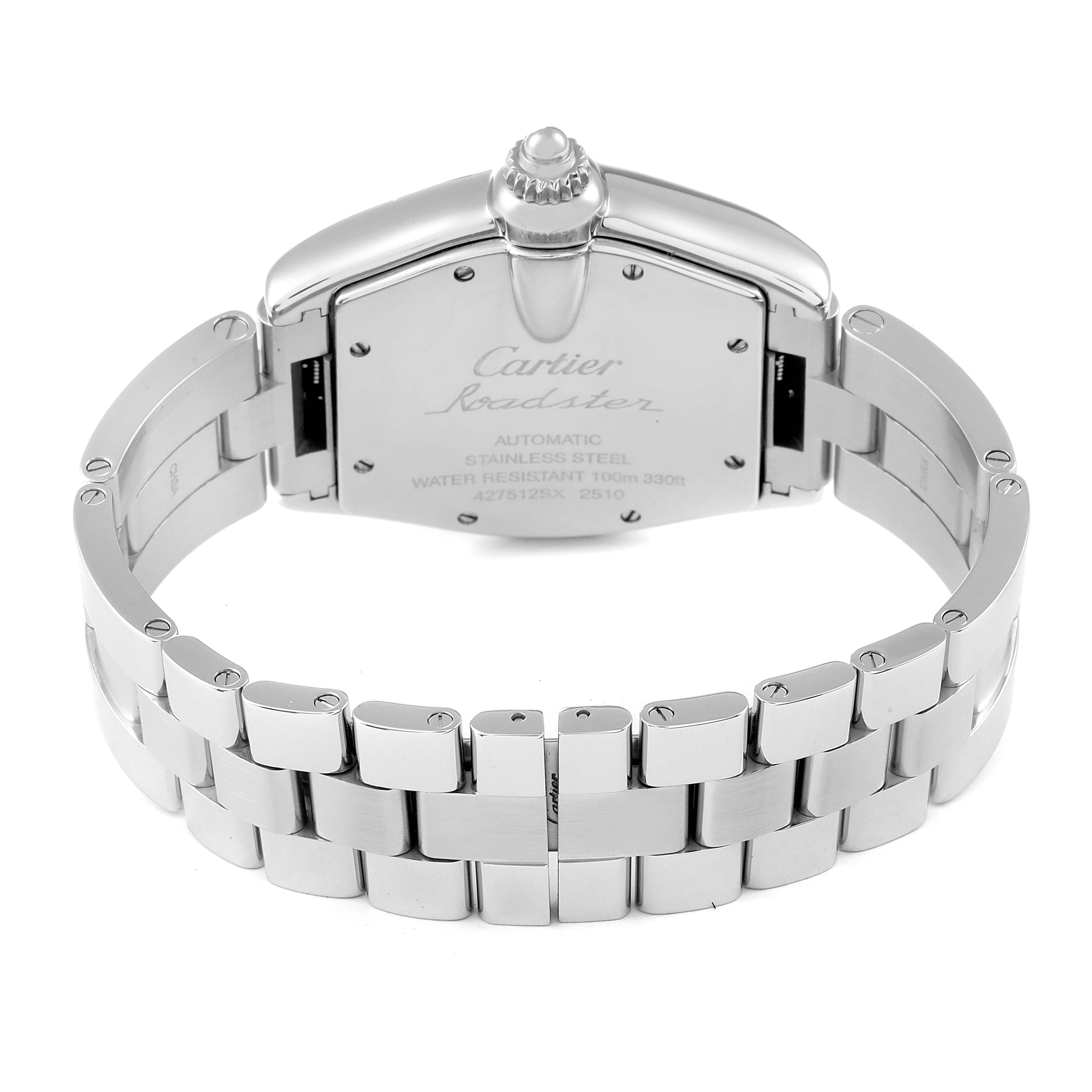 The image shows the back of the Cartier Roadster W62025V3 Men's Stainless Steel Silver Dial W62025V3 Men's Stainless Steel Silver Dial watch, highlighting the stainless steel case and bracelet.