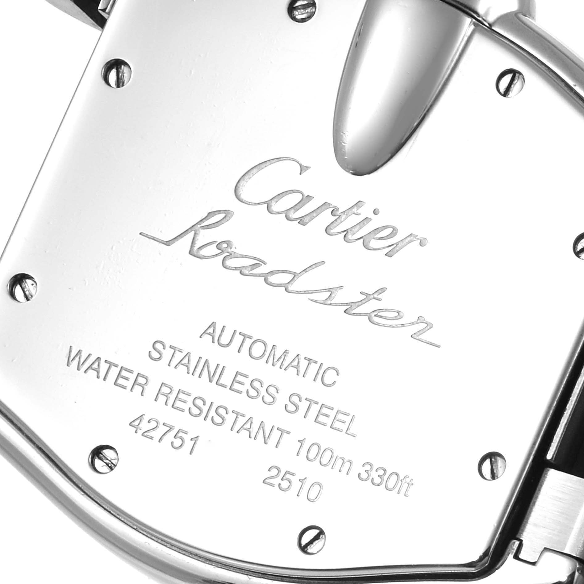 This image shows the back case of a Cartier Roadster W62025V3 Men's Stainless Steel Silver Dial W62025V3 Men's Stainless Steel Silver Dial watch, featuring its model information.