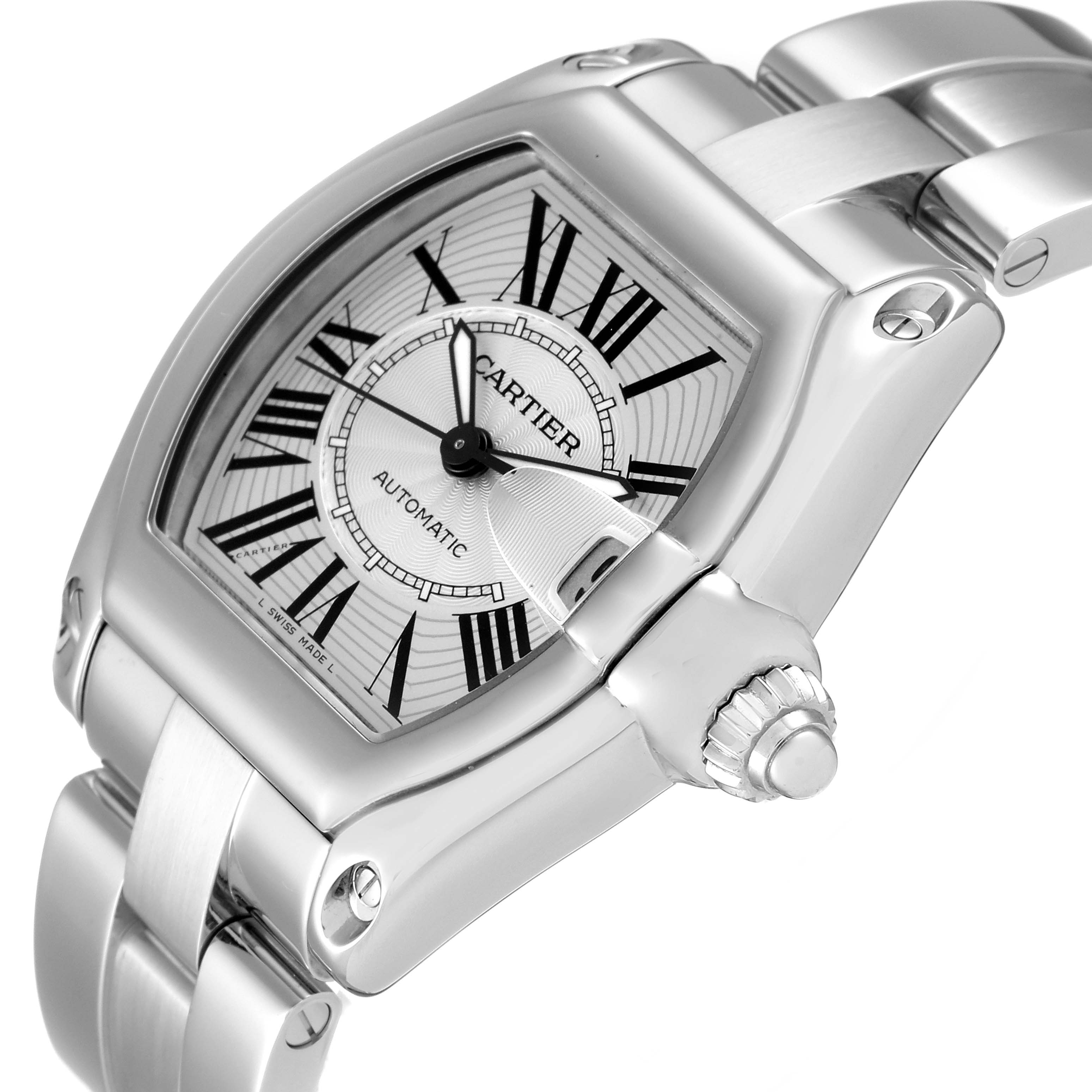 The Cartier Roadster W62025V3 Men's Stainless Steel Silver Dial W62025V3 Men's Stainless Steel Silver Dial watch is shown from a three-quarter angle highlighting its dial, crown, and bracelet.