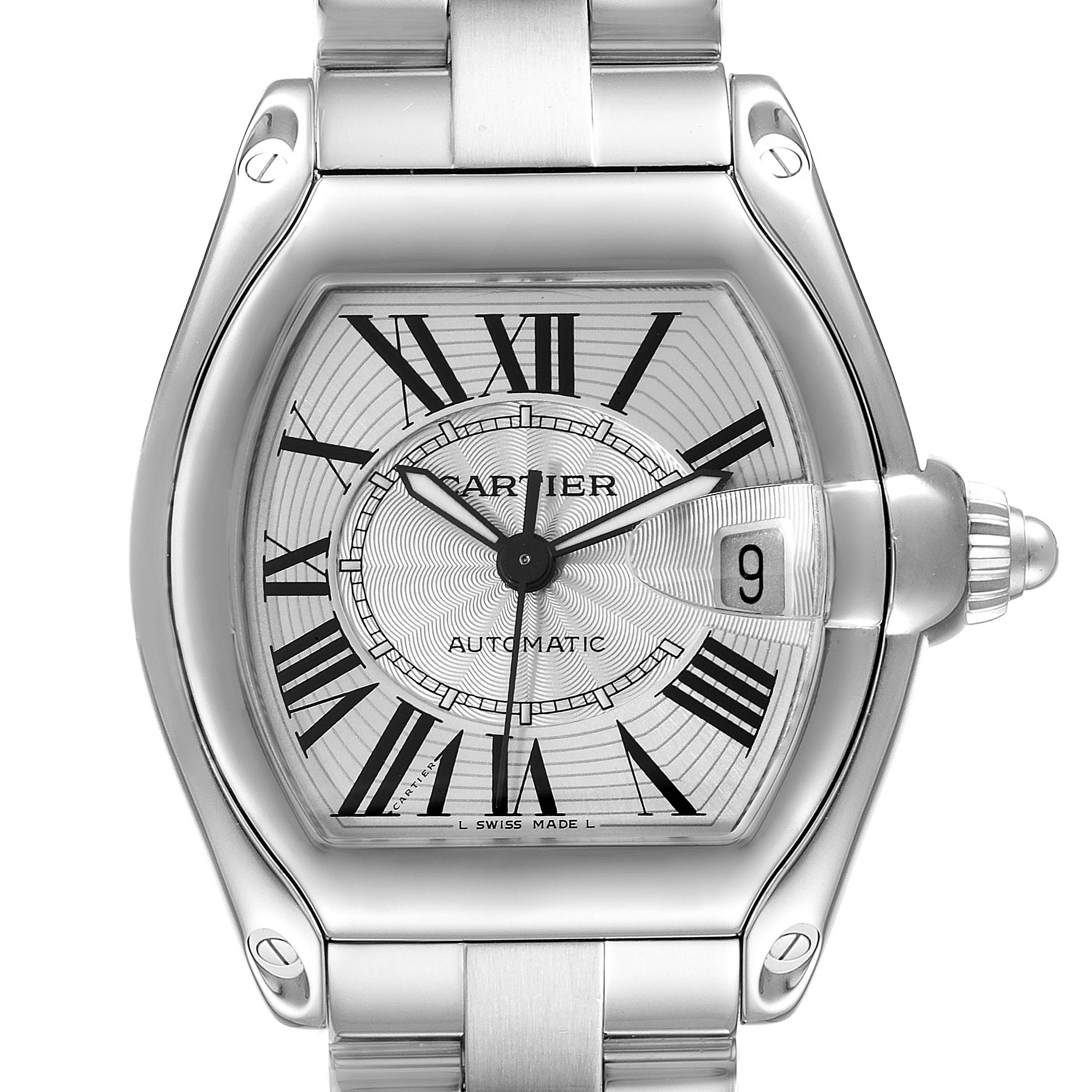 The Cartier Roadster W62025V3 Men's Stainless Steel Silver Dial W62025V3 Men's Stainless Steel Silver Dial watch is shown from a front angle, highlighting the dial, bezel, and part of the bracelet.