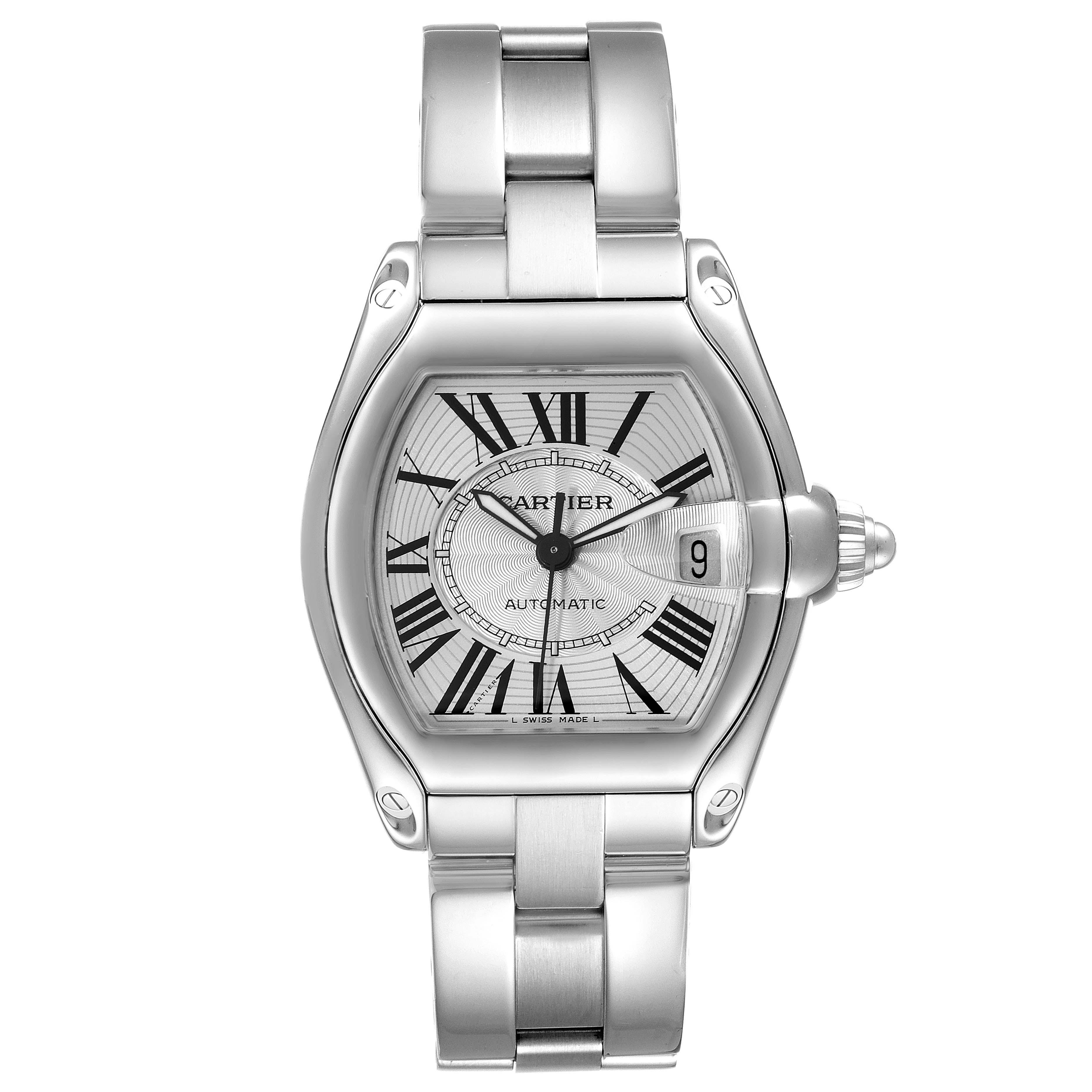 The image shows a frontal view of the Cartier Roadster W62025V3 Men's Stainless Steel Silver Dial W62025V3 Men's Stainless Steel Silver Dial watch, displaying its dial, bracelet, and bezel.