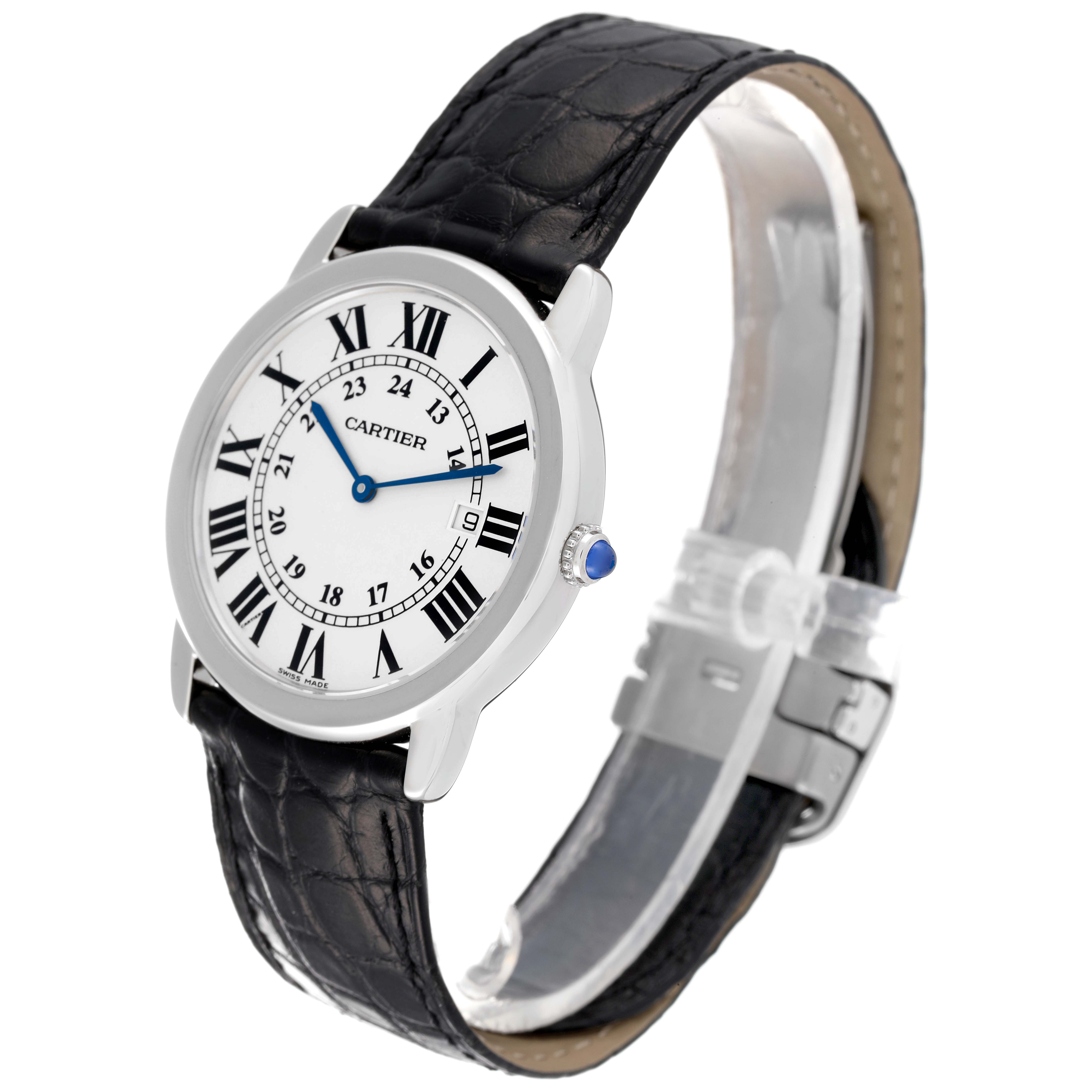 The image shows a Cartier Ronde W6700255 Men's Stainless Steel Silver Dial W6700255 Men's Stainless Steel Silver Dial model watch, displaying its face, Roman numeral indices, blue hands, crown, and black leather strap.