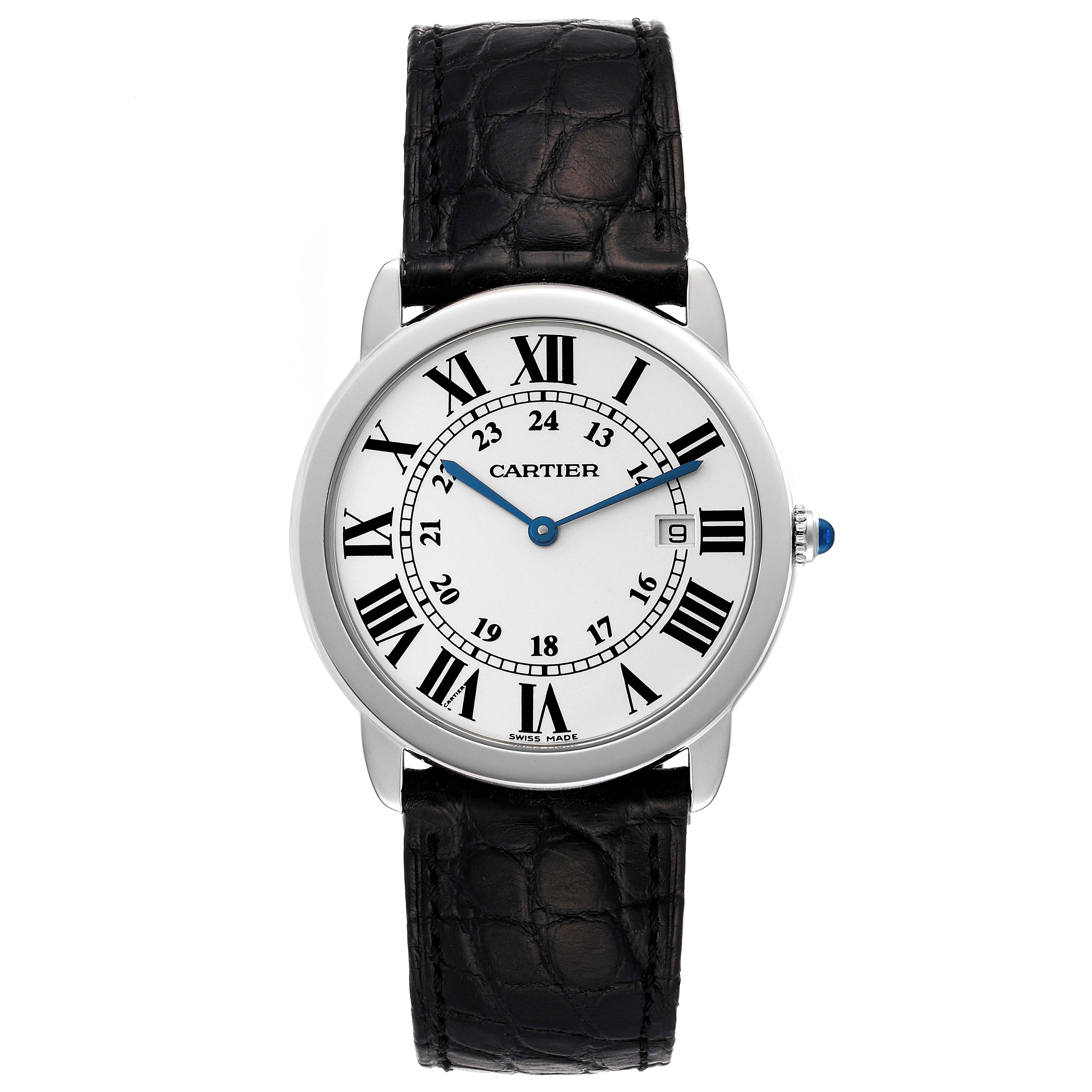 The image shows a front view of the Cartier Ronde W6700255 Men's Stainless Steel Silver Dial W6700255 Men's Stainless Steel Silver Dial watch with its black leather strap and roman numeral dial displayed.