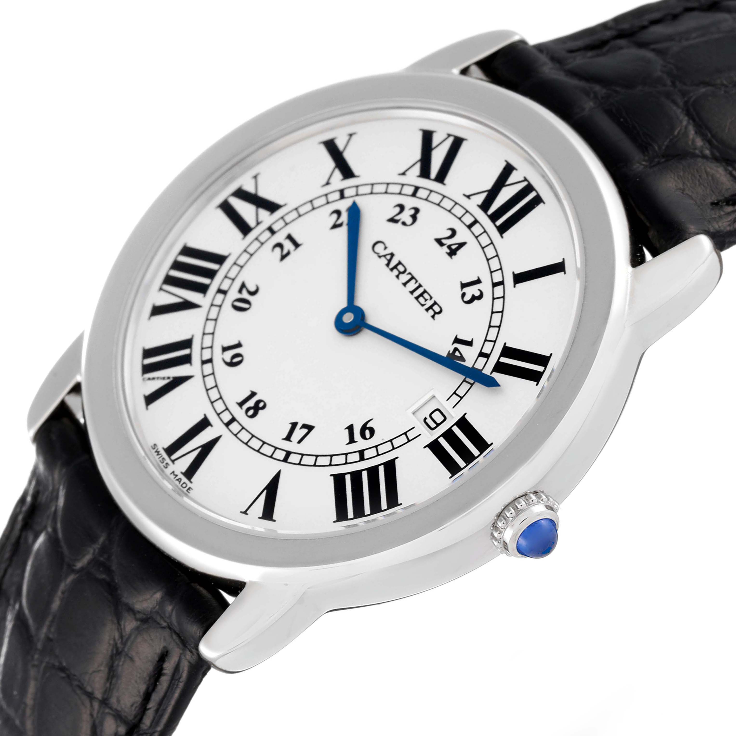 This image shows the face, bezel, crown, and part of the strap of a Cartier Ronde W6700255 Men's Stainless Steel Silver Dial W6700255 Men's Stainless Steel Silver Dial watch at an angled view.