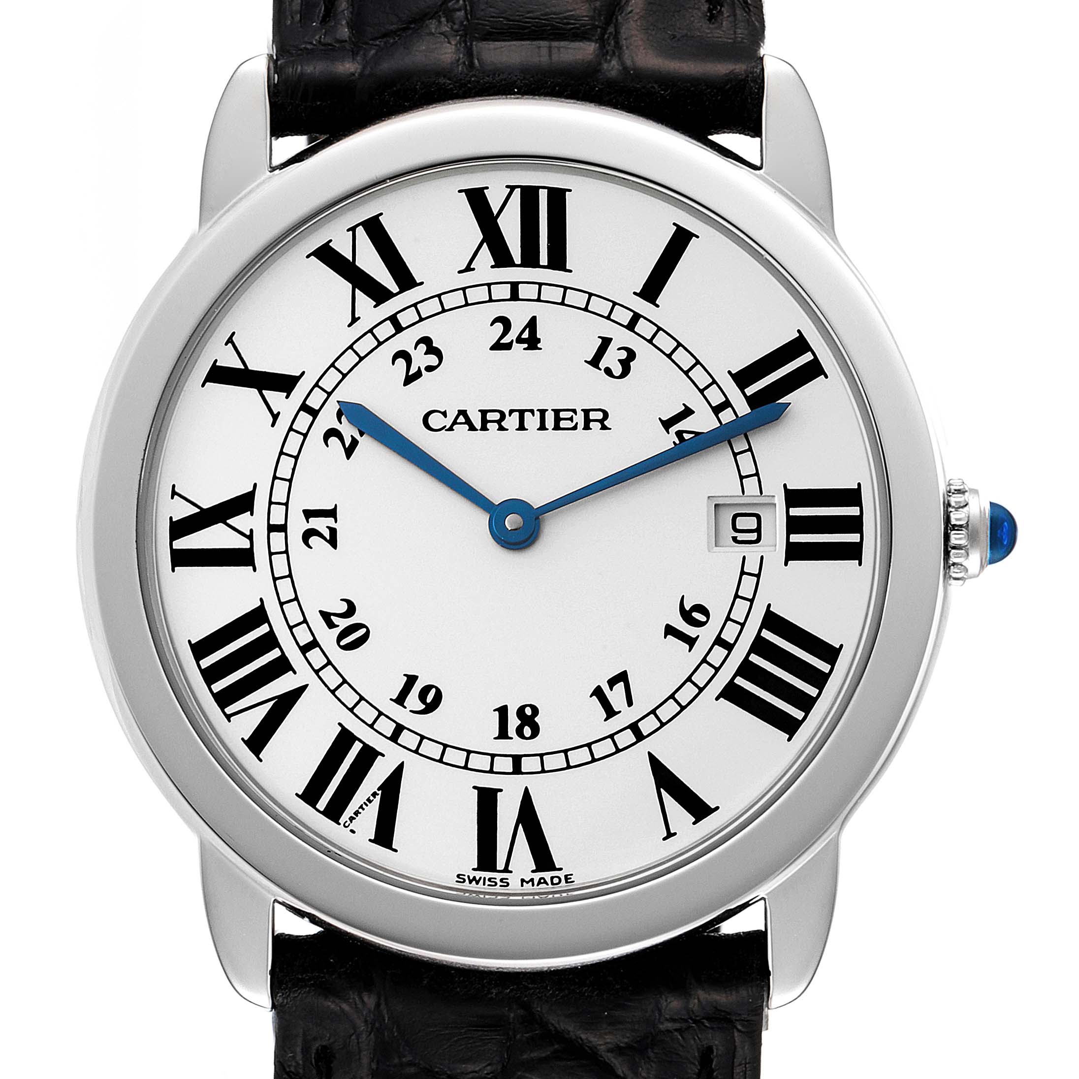 This image shows a front view of the Cartier Ronde W6700255 Men's Stainless Steel Silver Dial W6700255 Men's Stainless Steel Silver Dial watch, highlighting its dial, Roman numerals, blue hands, and date window.