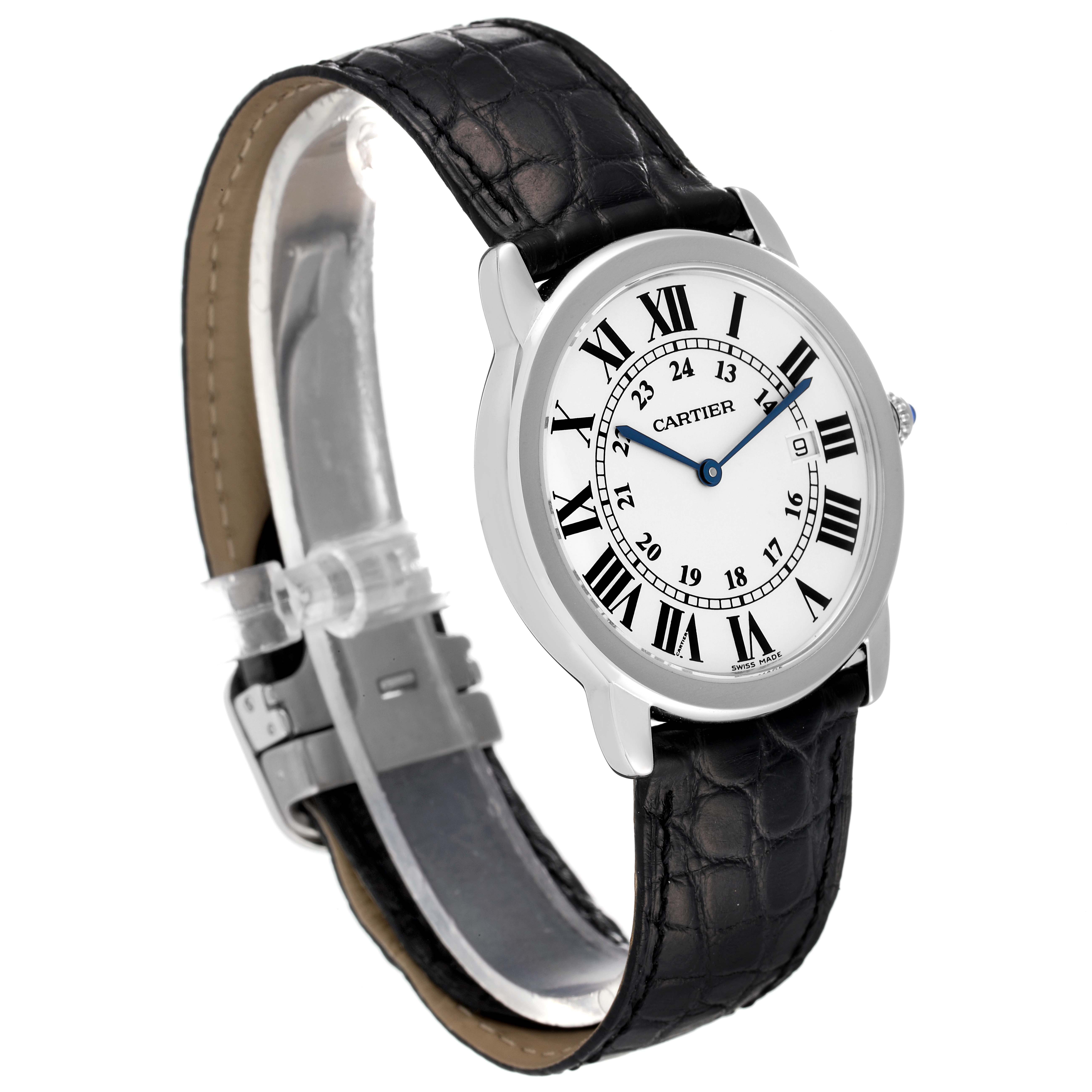 The image shows a side angle of the Cartier Ronde W6700255 Men's Stainless Steel Silver Dial W6700255 Men's Stainless Steel Silver Dial watch, featuring its face, Roman numerals, black leather strap, and clasp.