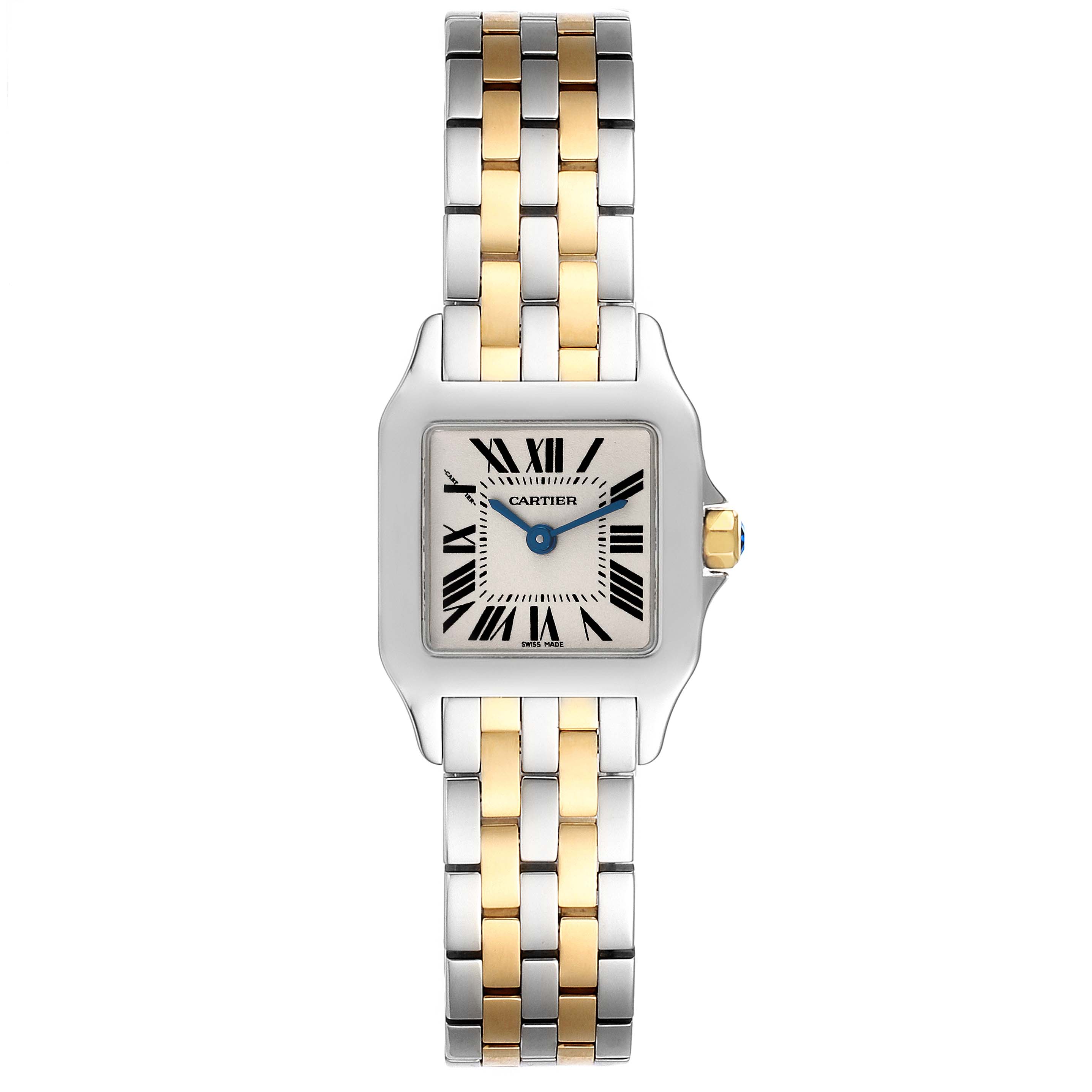 The Cartier Santos Demoiselle W25066Z6 Women
s Steel and Gold (two tone) Silver Dial W25066Z6 Women
s Steel and Gold (two tone) Silver Dial watch is shown from the front, displaying its face and two-tone bracelet.