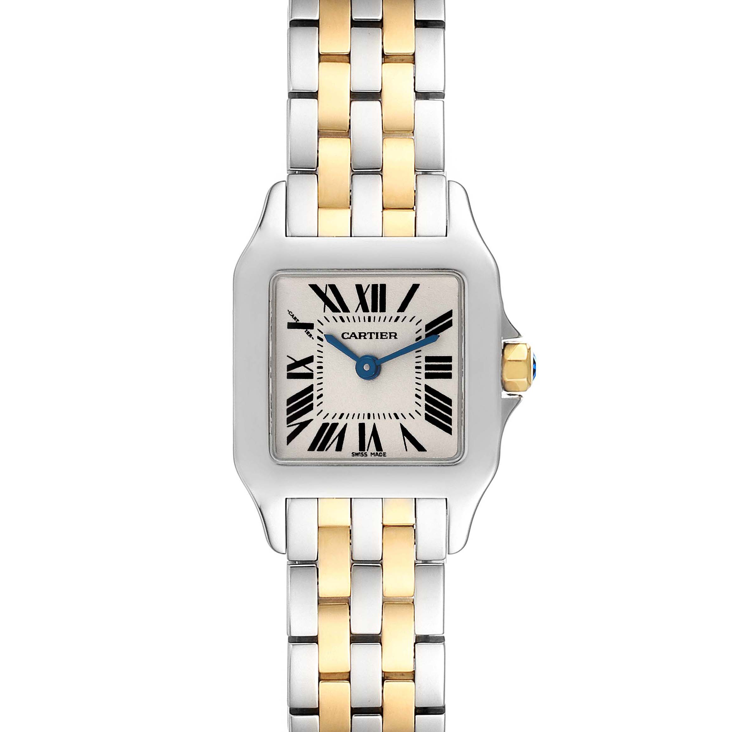 The Cartier Santos Demoiselle W25066Z6 Women
s Steel and Gold (two tone) Silver Dial W25066Z6 Women
s Steel and Gold (two tone) Silver Dial watch is shown from the front, displaying the face, bezel, and part of the bracelet.