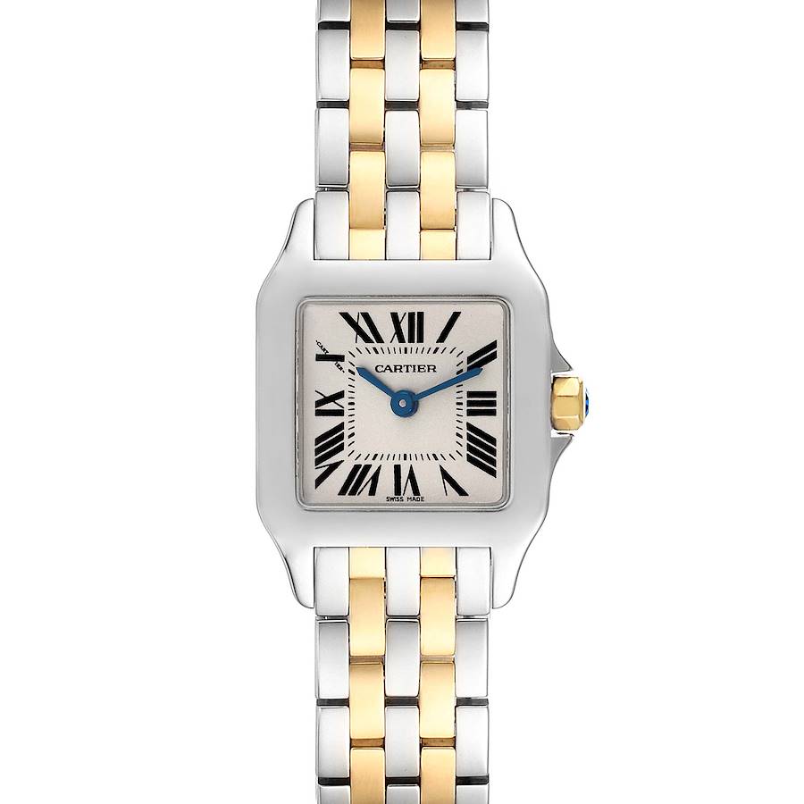 The Cartier Santos Demoiselle watch is shown from the front, displaying the face, bezel, and part of the bracelet.