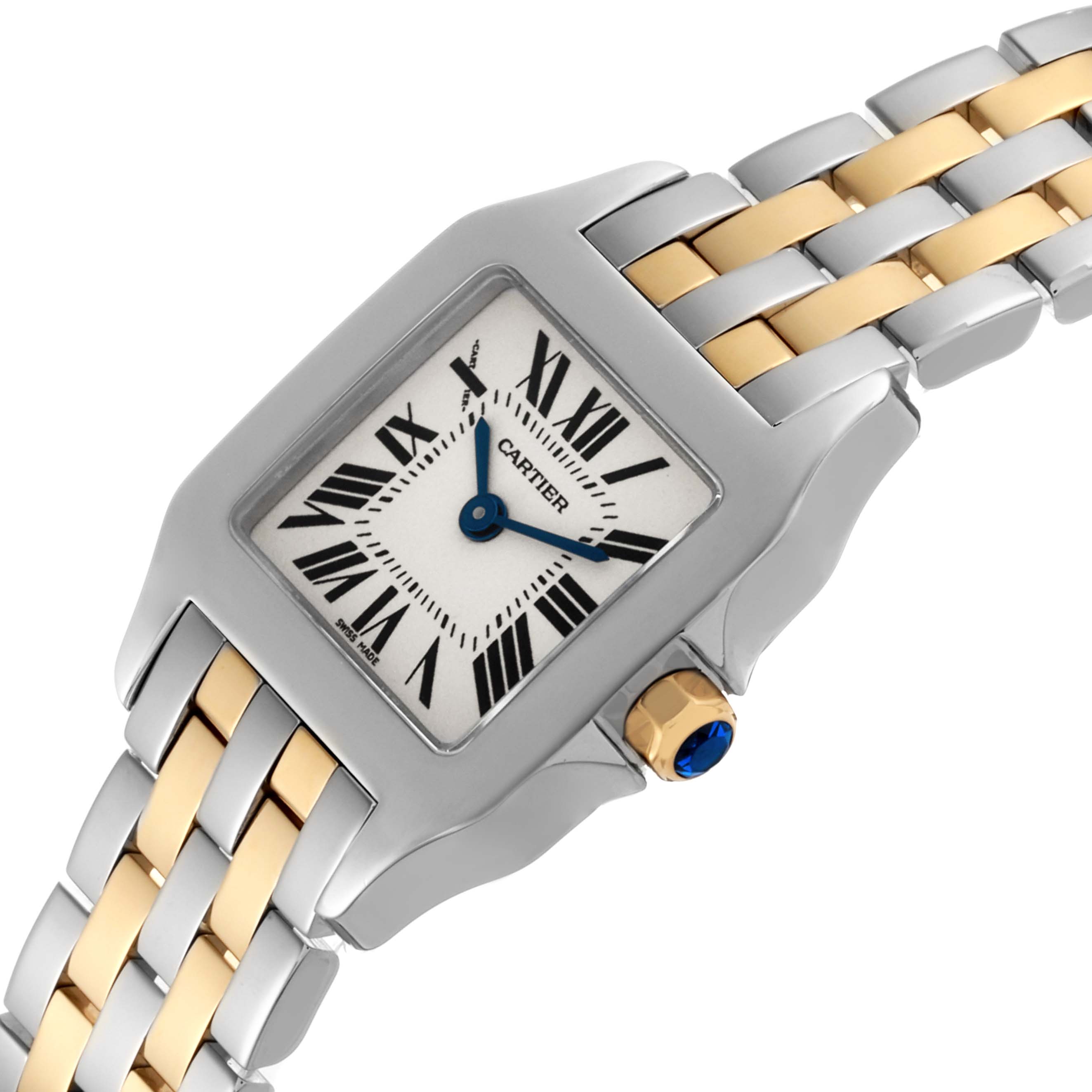 The Cartier Santos Demoiselle W25066Z6 Women
s Steel and Gold (two tone) Silver Dial W25066Z6 Women
s Steel and Gold (two tone) Silver Dial watch is shown at an angled close-up, highlighting the face, crown, and two-tone bracelet.