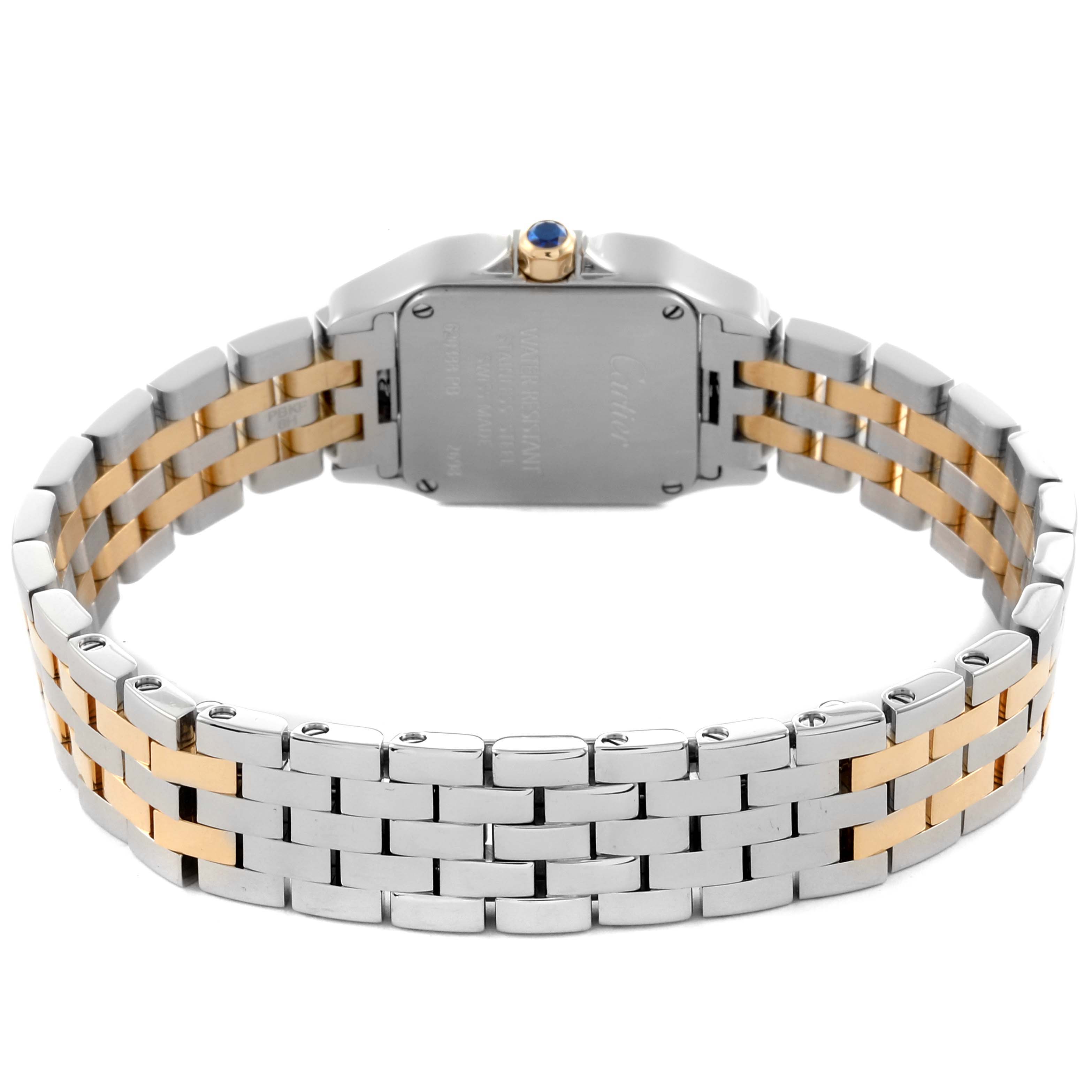 The image shows the back and band of the Cartier Santos Demoiselle W25066Z6 Women
s Steel and Gold (two tone) Silver Dial W25066Z6 Women
s Steel and Gold (two tone) Silver Dial, highlighting its two-tone metal bracelet.