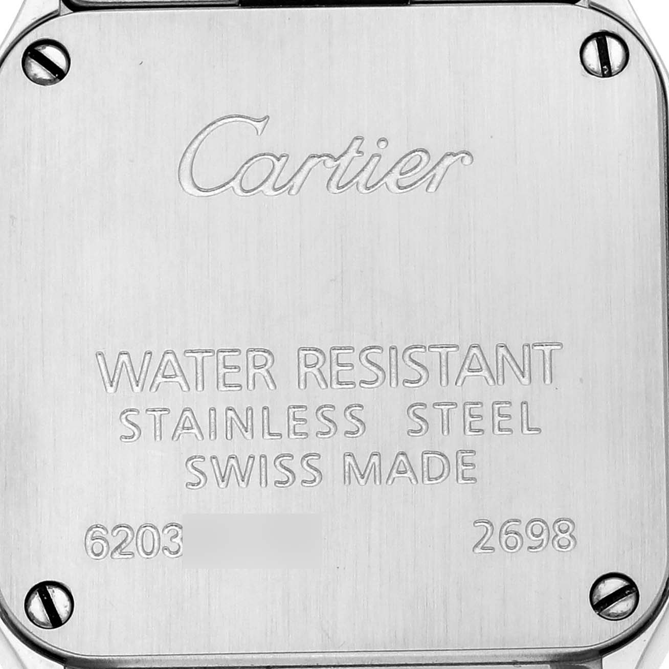 The image shows the back case of a Cartier Santos Demoiselle W25066Z6 Women
s Steel and Gold (two tone) Silver Dial W25066Z6 Women
s Steel and Gold (two tone) Silver Dial watch, highlighting the engraving details.