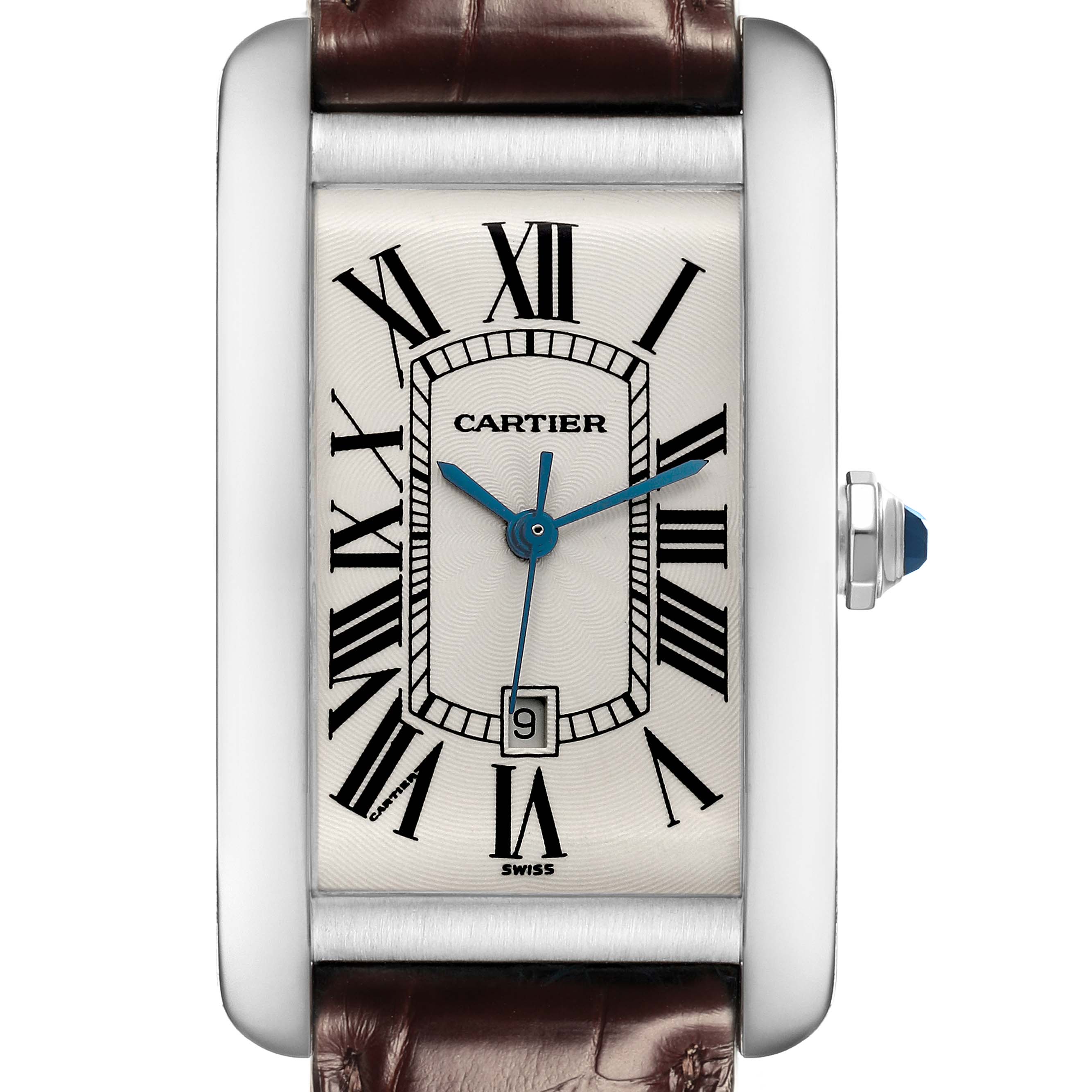 The image shows a front view of the Cartier Tank Américaine watch, highlighting the dial, Roman numerals, and leather strap.