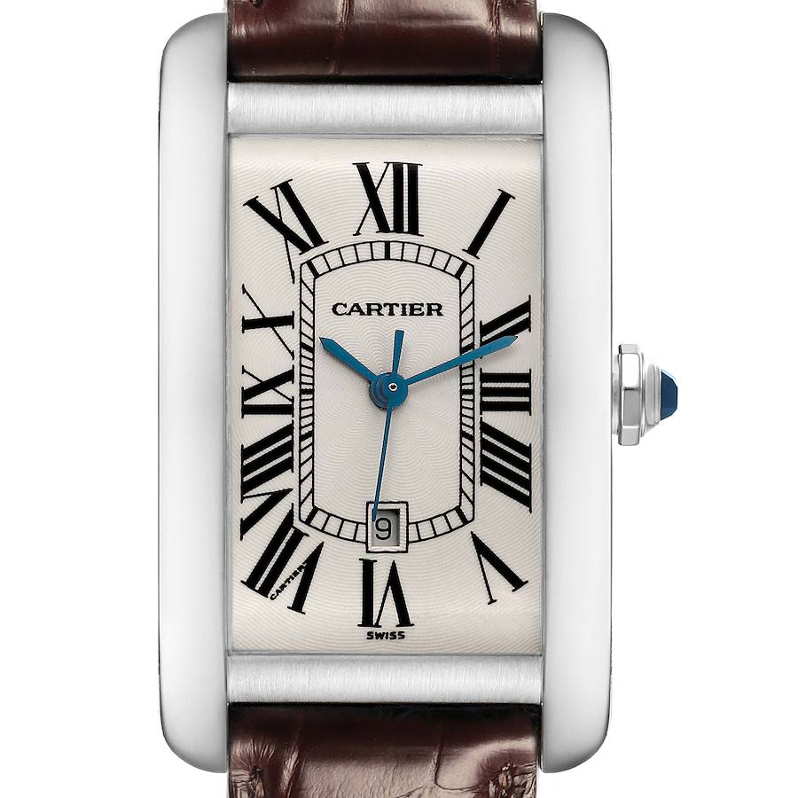 The image shows a front view of the Cartier Tank Américaine watch, highlighting the dial, Roman numerals, and leather strap.