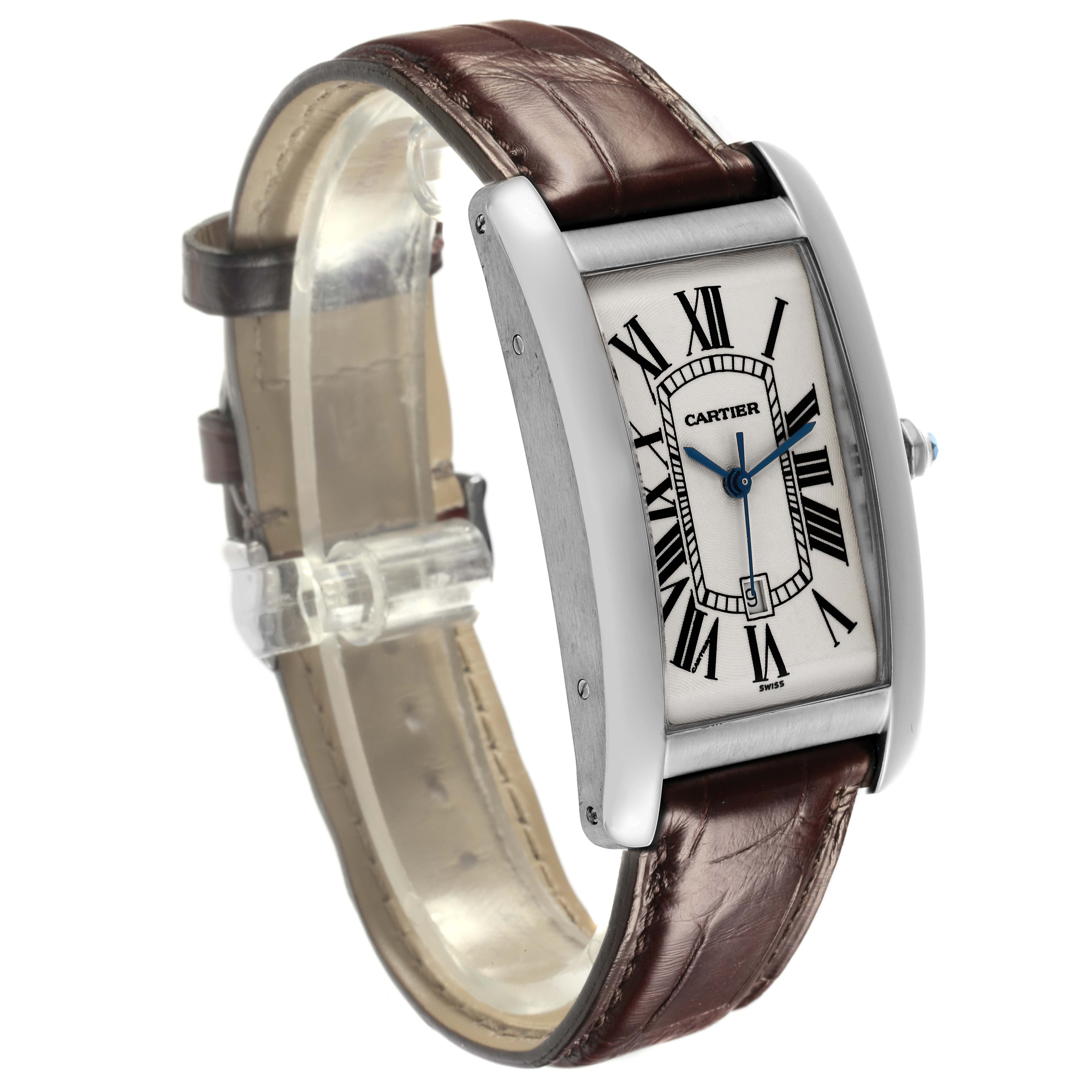 The Cartier Tank Americaine W2603256 Men's White Gold Silver Dial W2603256 Men's White Gold Silver Dial watch is shown from a front-side angle, highlighting its rectangular face and leather strap.