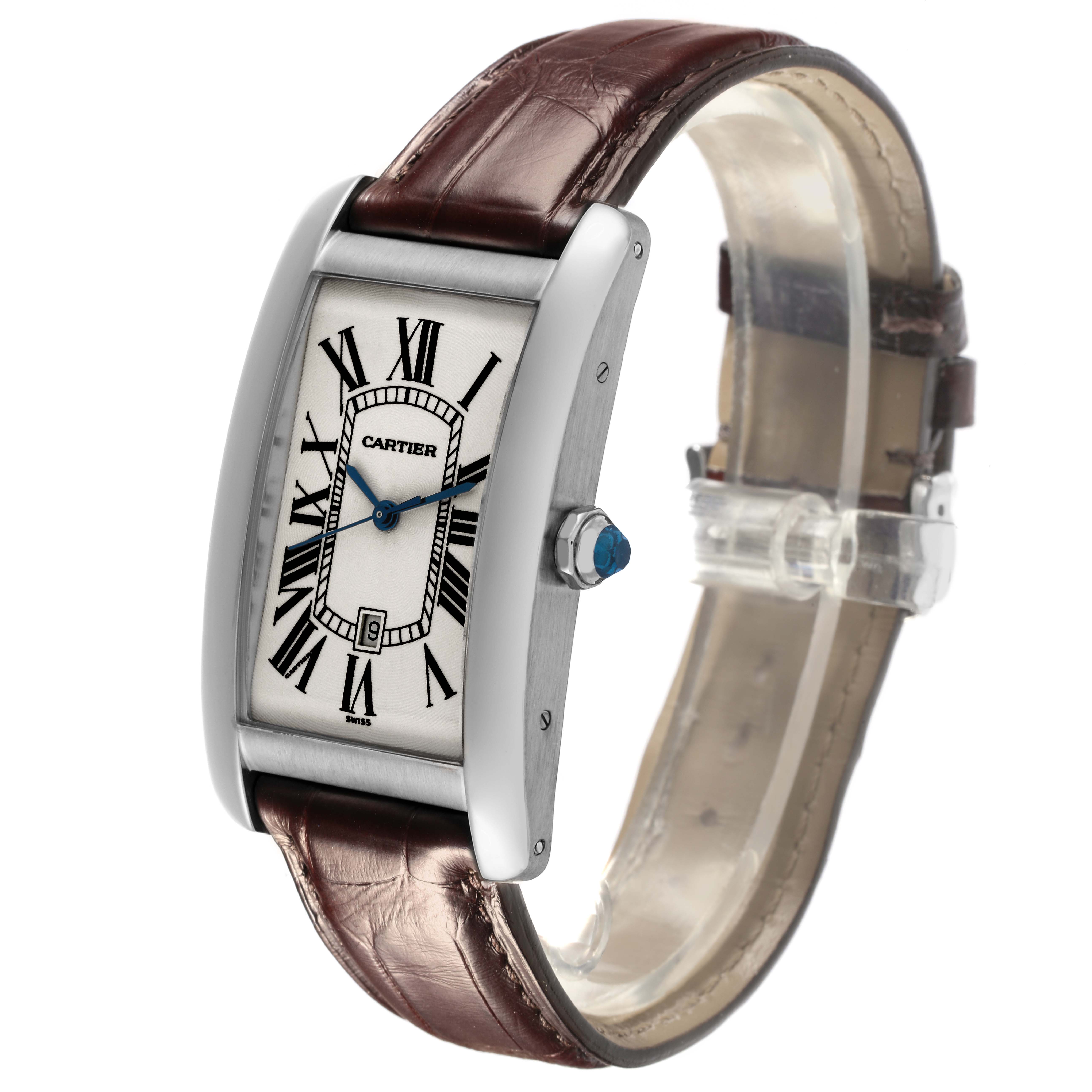 The Cartier Tank Americaine W2603256 Men's White Gold Silver Dial W2603256 Men's White Gold Silver Dial watch is shown at an angle highlighting the face, crown, and leather strap.