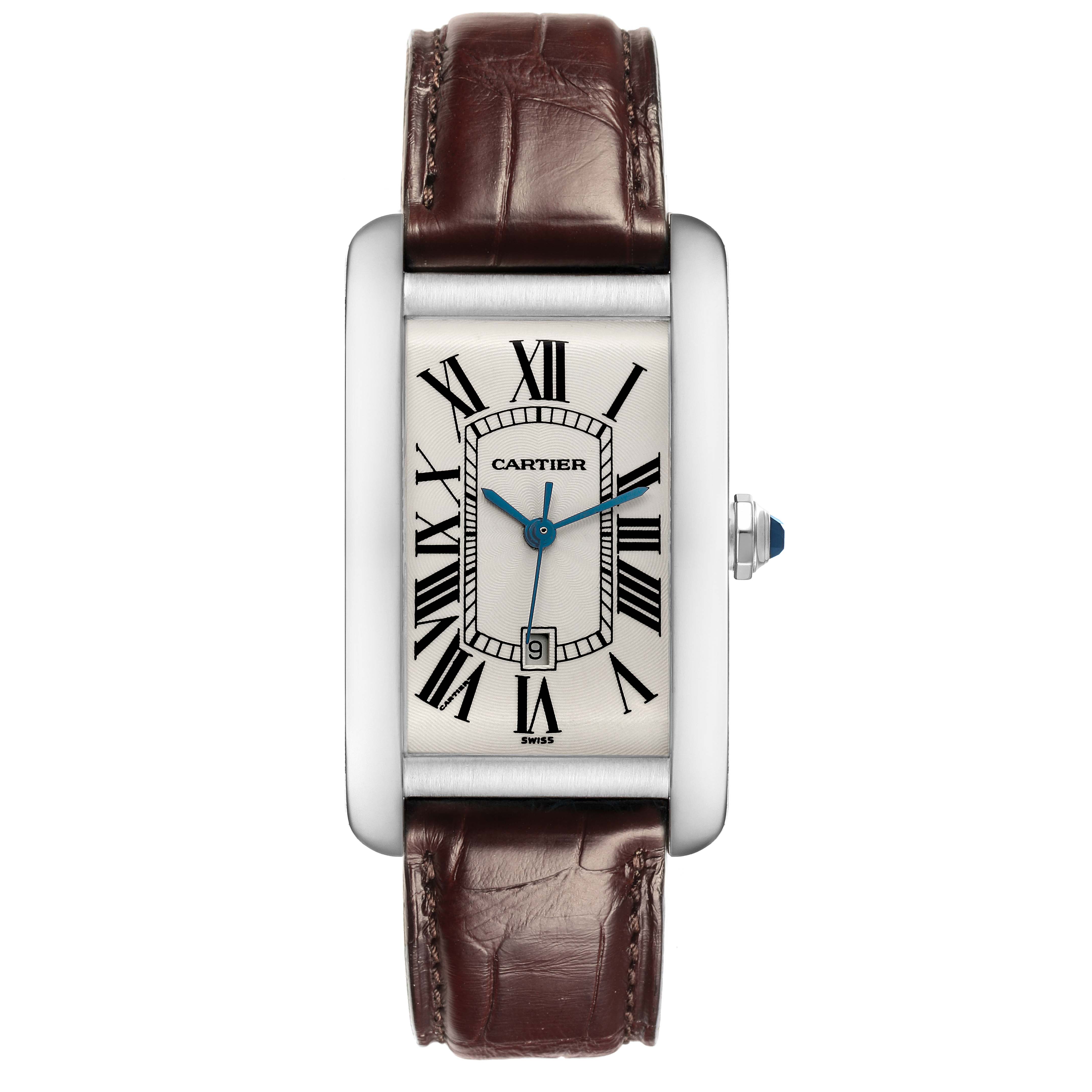 The Cartier Tank Americaine W2603256 Men's White Gold Silver Dial W2603256 Men's White Gold Silver Dial watch is shown from the front, displaying its dial, case, and strap.