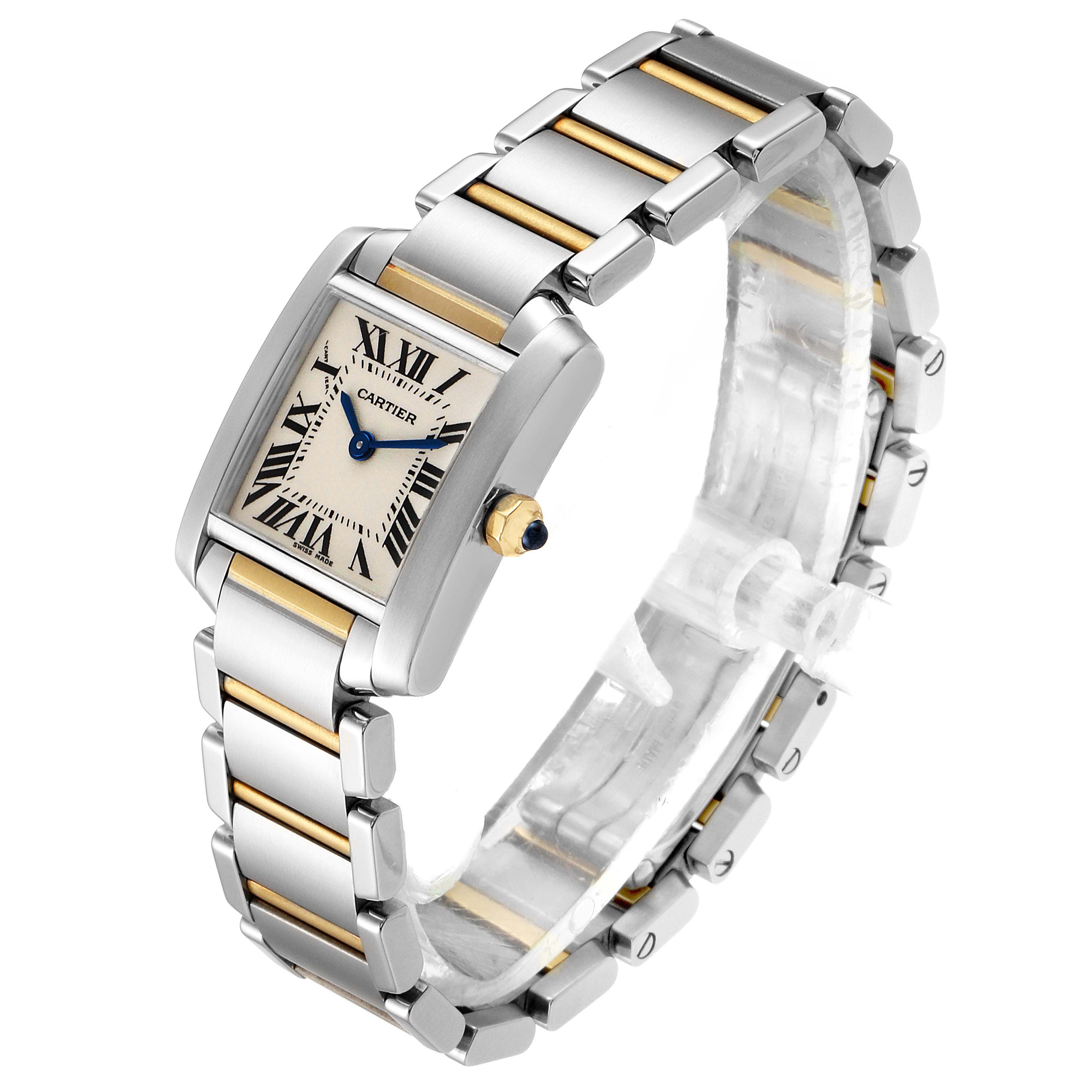 The Tank Francaise by Cartier is shown at a slight angle, displaying the face, crown, and a portion of the metal bracelet.