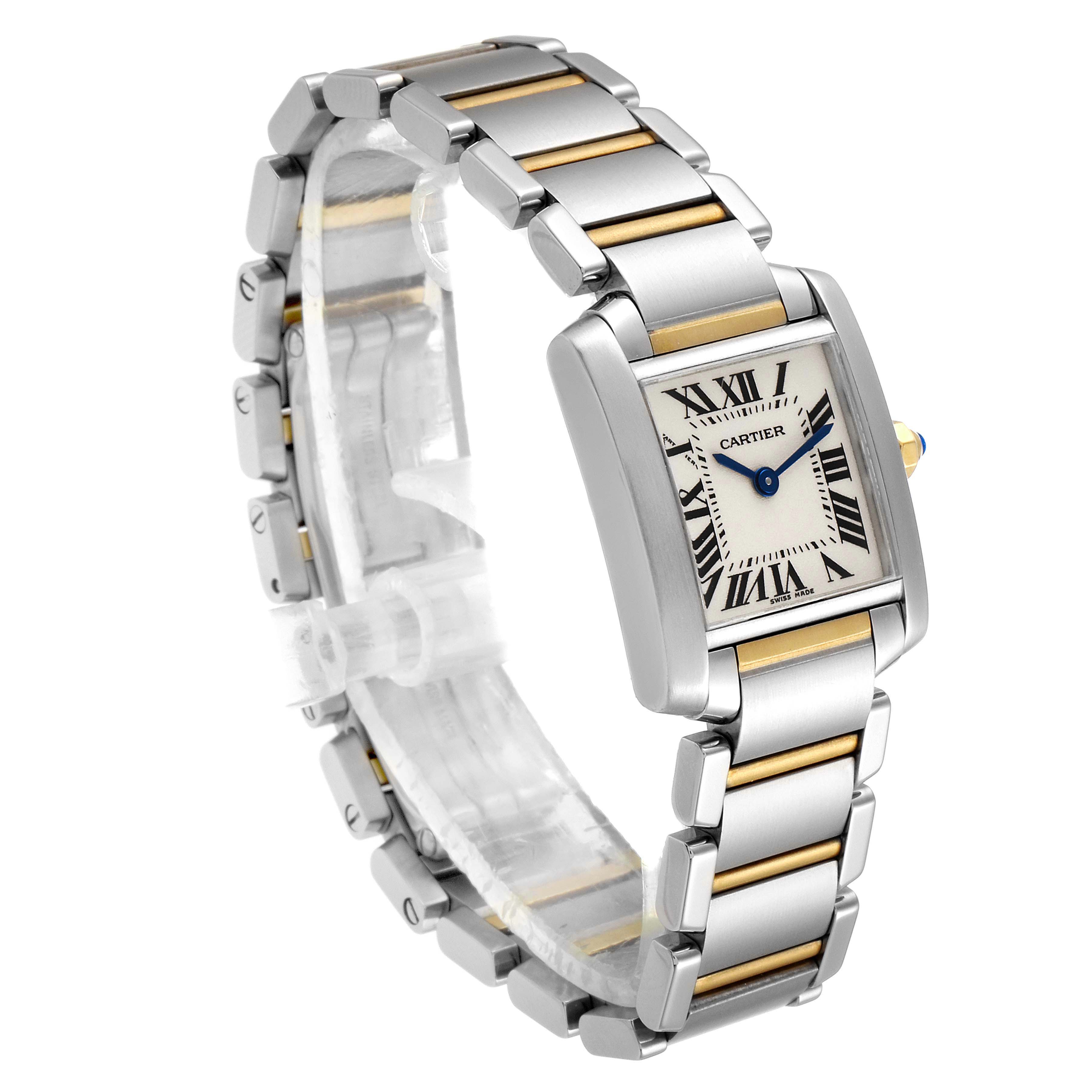 The image shows a Cartier Tank Francaise W51007Q4 Women's Steel and Gold (two tone) Silver Dial W51007Q4 Women's Steel and Gold (two tone) Silver Dial watch at an angle displaying its face, bracelet, and clasp mechanism.